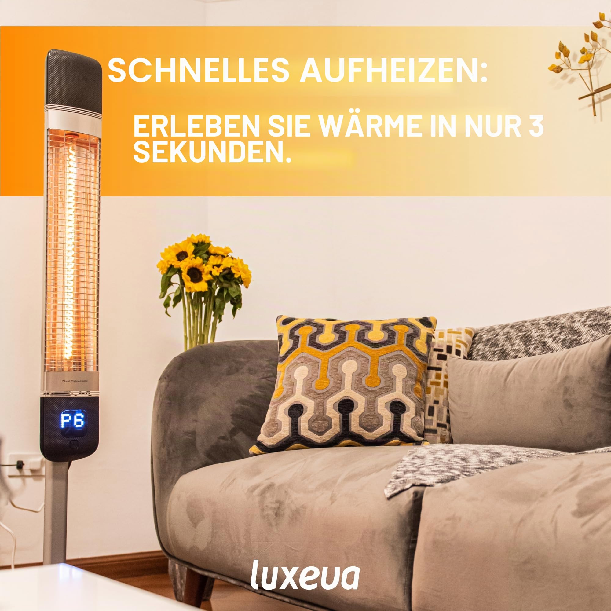 Luxeva Infrarot-Terrassenheizstrahler, 1000/2500 W, elektrische Terrassenheizung mit App-Steuerung, IP55 wasserdicht, 6 Heizstufen, energiesparend, kompaktes Design, Schwarz (Black)