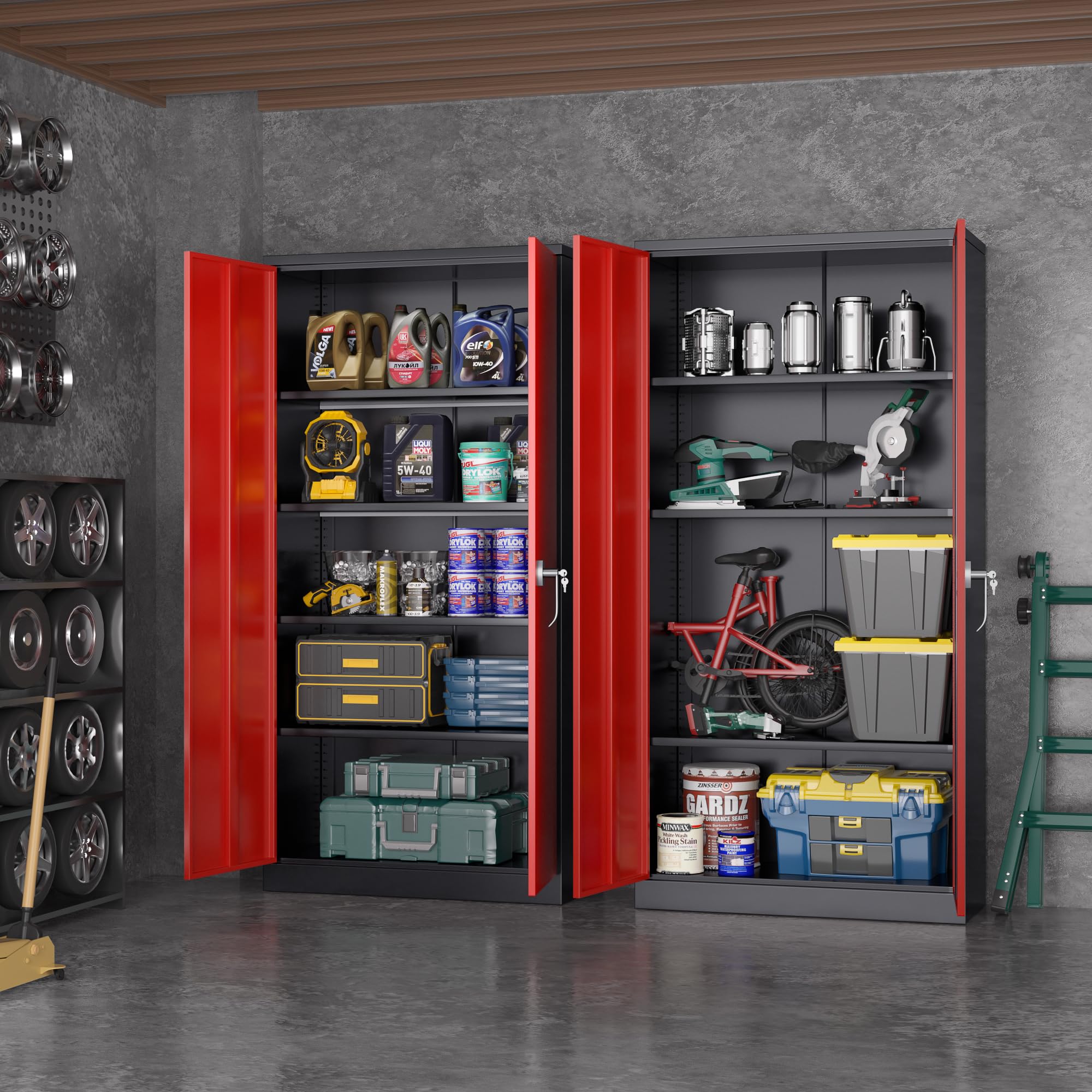 Greenvelly Armadietto da garage in metallo con 2 ante e 4 ripiani regolabili, altezza 183 cm, armadio alto in metallo con serratura per ufficio, casa, garage, palestra, scuola