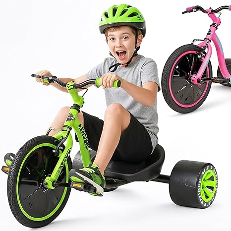 Drift Trike for Kids Ages 5+ 16" Front Wheel Ride-On with Adjustable Seat, Steel Frame, Rear Slick Drift Wheels & Safety Flag – Madd Gear Green Black