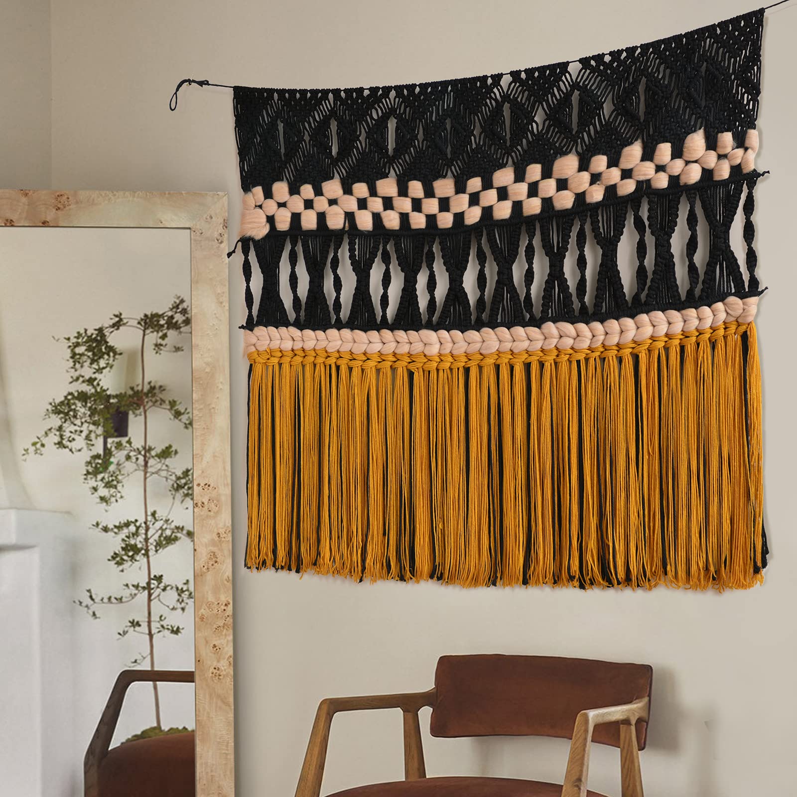 IOWERMacrame Wall Hanging Black Woven Macrame Wall Decor Boho Wall Decor Handmade Home Room Decor 47" W*35" L