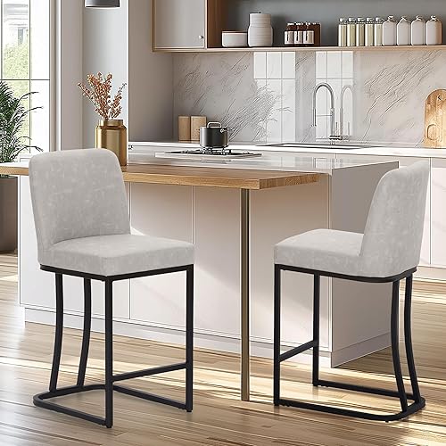 Miniatura 44 de Juego de 2 taburetes de bar de altura de mostrador de color blanco cremoso de 24 pulgadas, modernos taburetes de bar dorados con respaldo tapizado