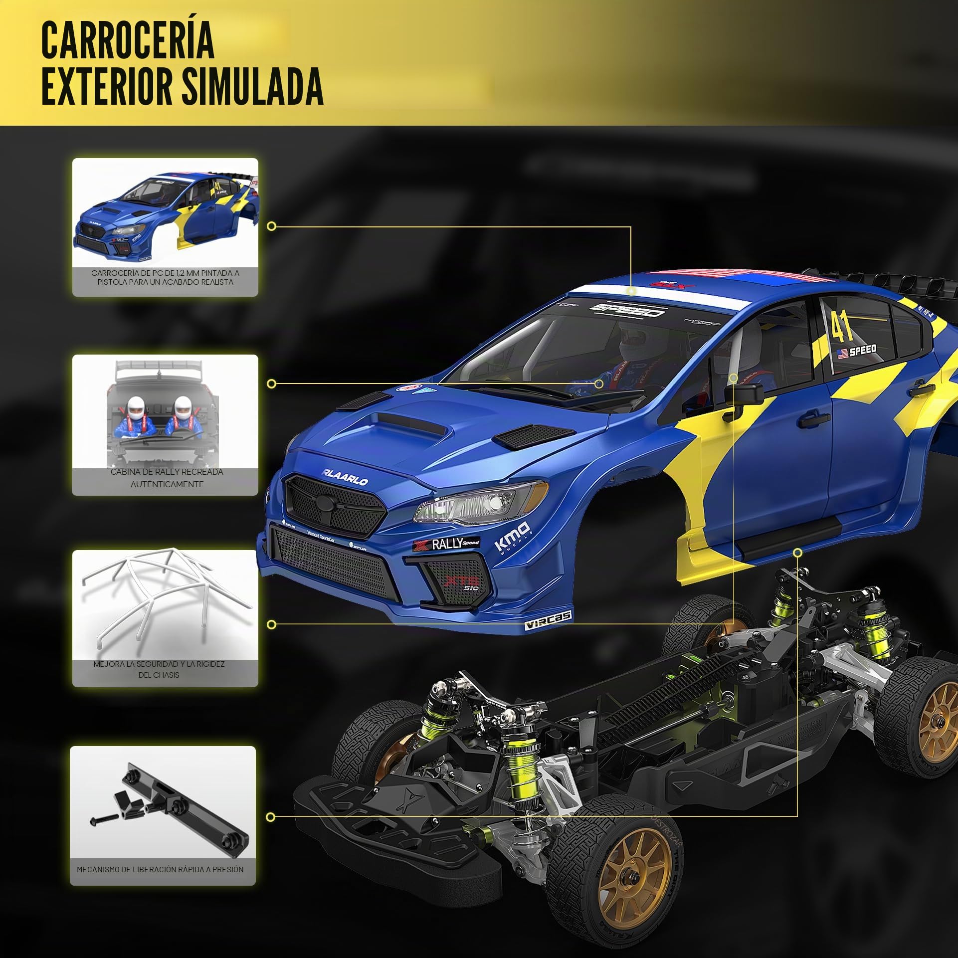 RIAARIO 1/10 Brushless RC Cars, coche de rally, 50+ MPH, 4WD, impermeable, fibra de carbono, azul, a partir de 14 años