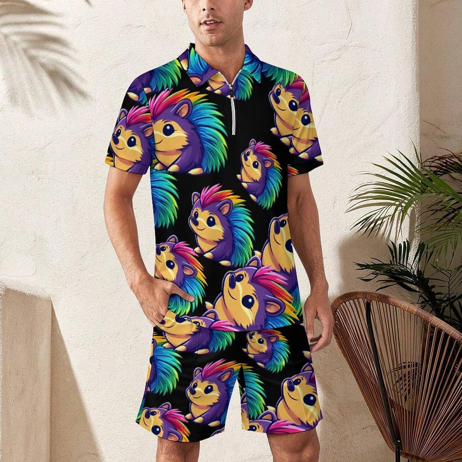 Colorful Hedgehog Mens Polo Shirts Track Suits 2 Piece Short Sleeve Sweatsuit 1/4 Zip Golf Loungewear for Sports
