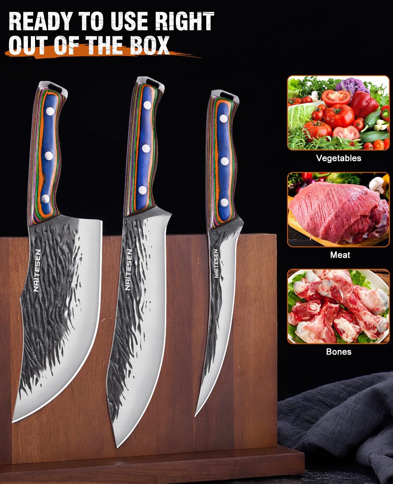 Naitesen 3PCS Hand Forged Butcher Knife Set - Gold-Stamped Gift Box — Amazon image 5