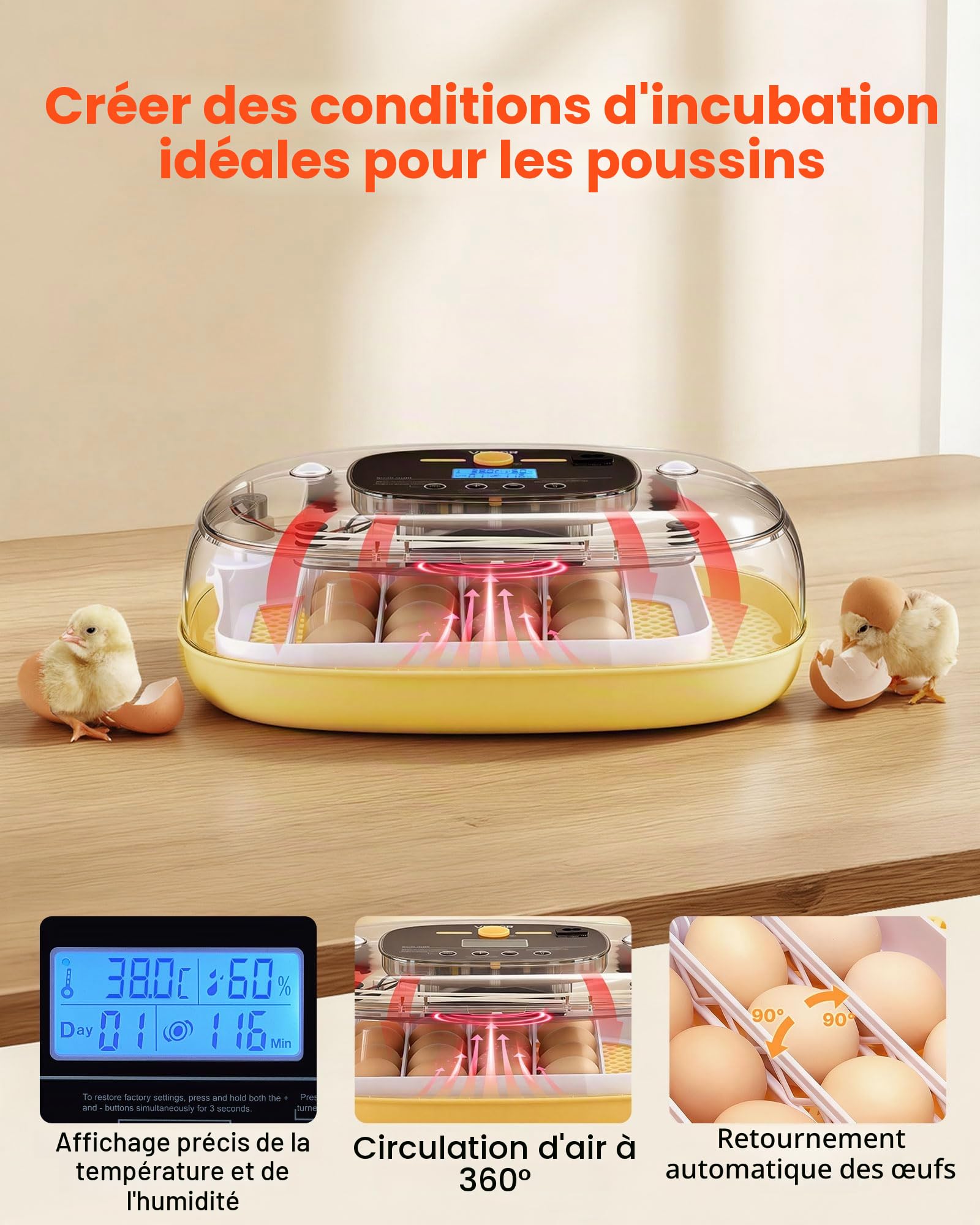 VEVOR Couveuse Œuf Automatique 24 Œufs de Poule Incubateur Œuf pour Éclosion Œufs de Volaille Poussins Canetons Oies Cailles, avec Mire LED Affichage Température et Humidité Fenêtre Transparente 360°