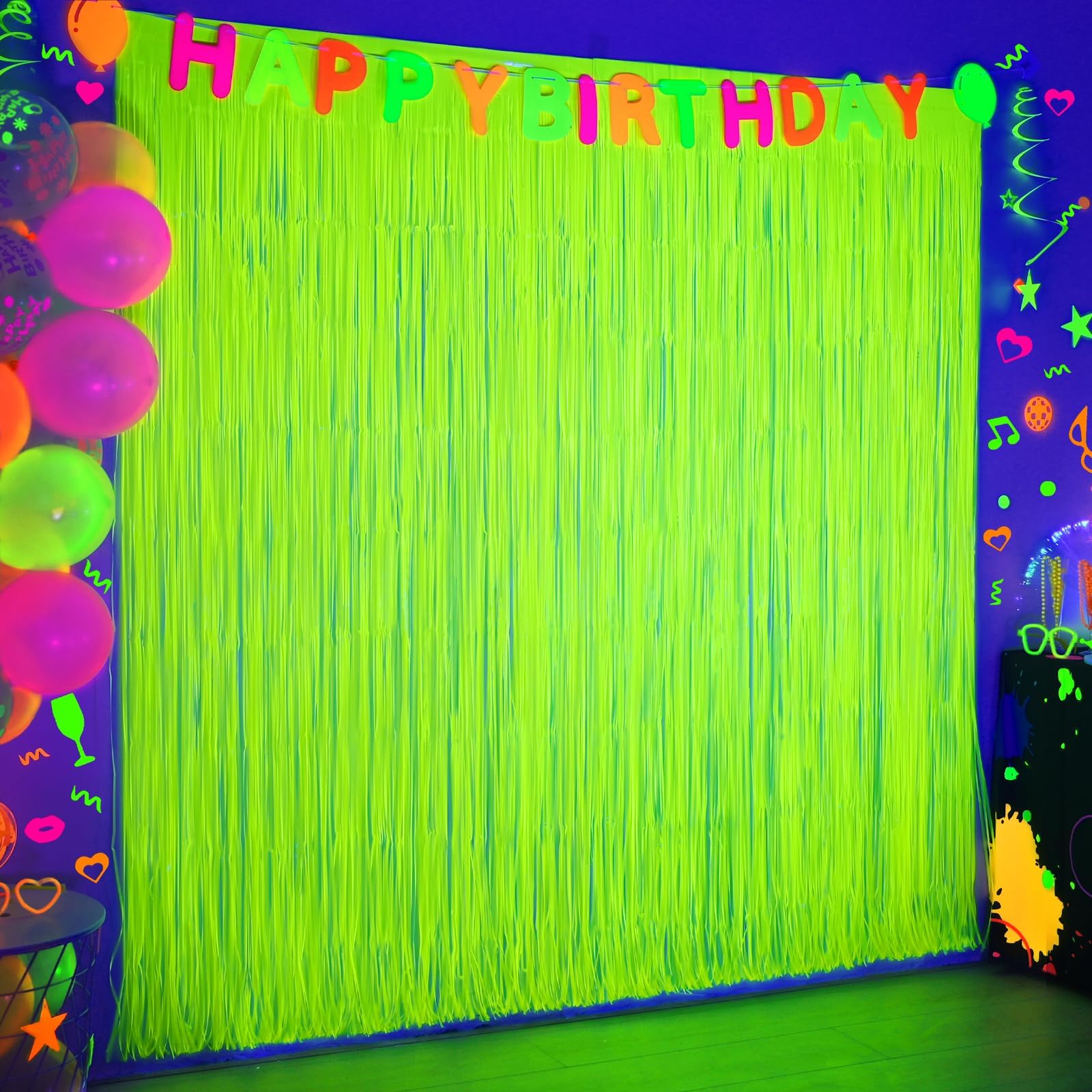 Mega-L Glow in The Dark Party Supplies, Neon Party Decorations, 2 Pack 6.6x6.6 ft Fluorescent Green Foil Fringe Curtains, Glow Photo Backdrop for Birthday, Pool Party, Music Festival, Nightclub