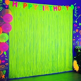 Mega-L Glow in The Dark Party Supplies, 2 Pack Neon Party Decorations 6.6 x 6.6 ft Fluorescent Macaron Yellow Tinsel Foil Fringe Curtains, Photo Booth Prop Backdrop Streamer, Birthday Party Decor