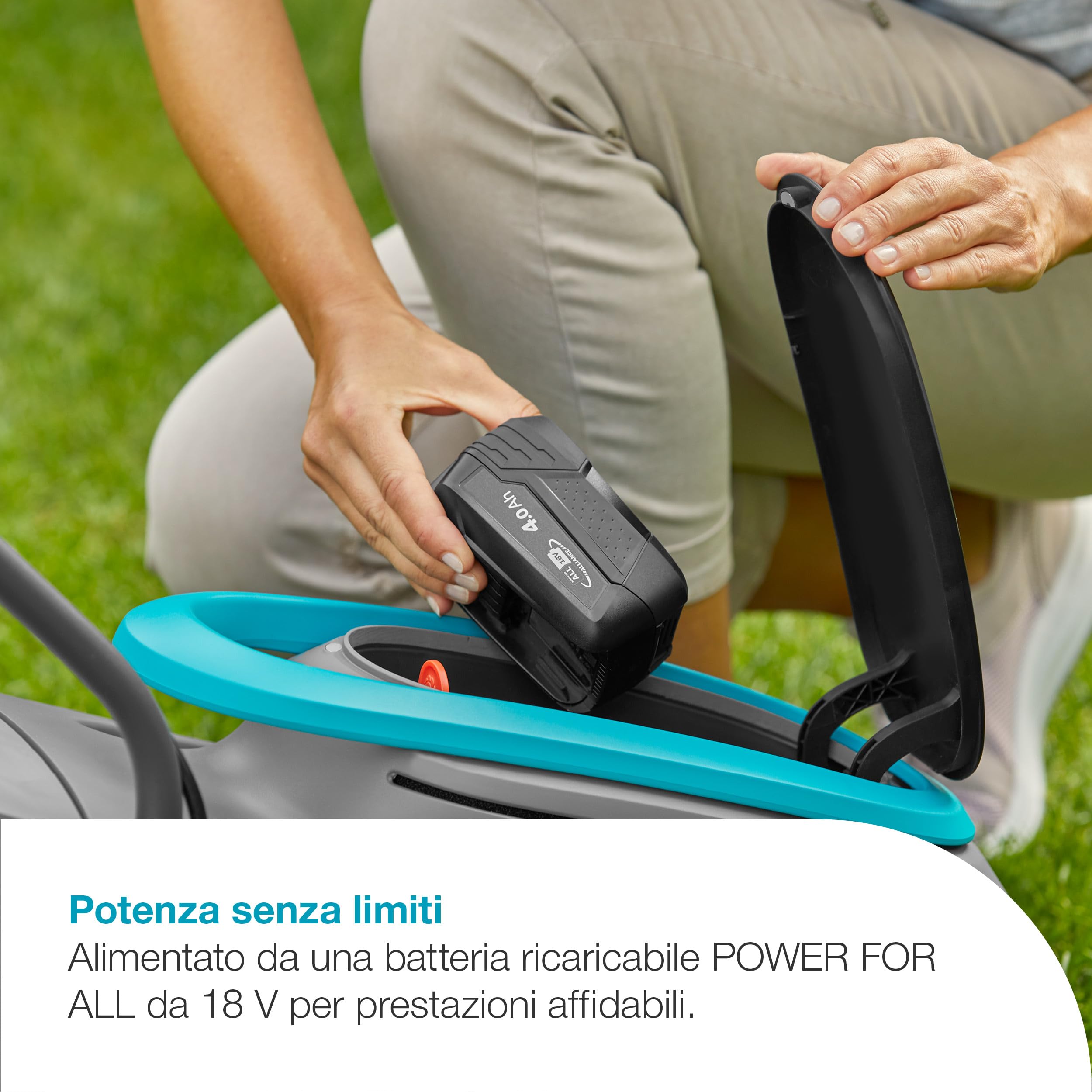 Gardena Rasaerba A Batteria Powermax 32/18V P4A Set Pronto All'Uso: Larghezza di taglio 32 cm, Capacità 30 l, Ergonomico, Regolazione dell'altezza, Senza fili (14632-20)