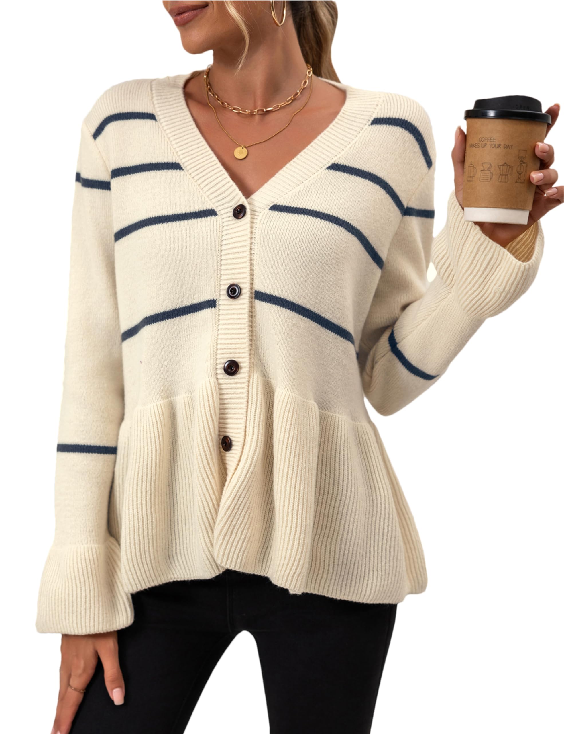 Mingzhu Womens Striped Cardigan Sweaters Long Sleeve Button Down Cropped Knit V Neck Casual Peplum Flared Hem Outwear