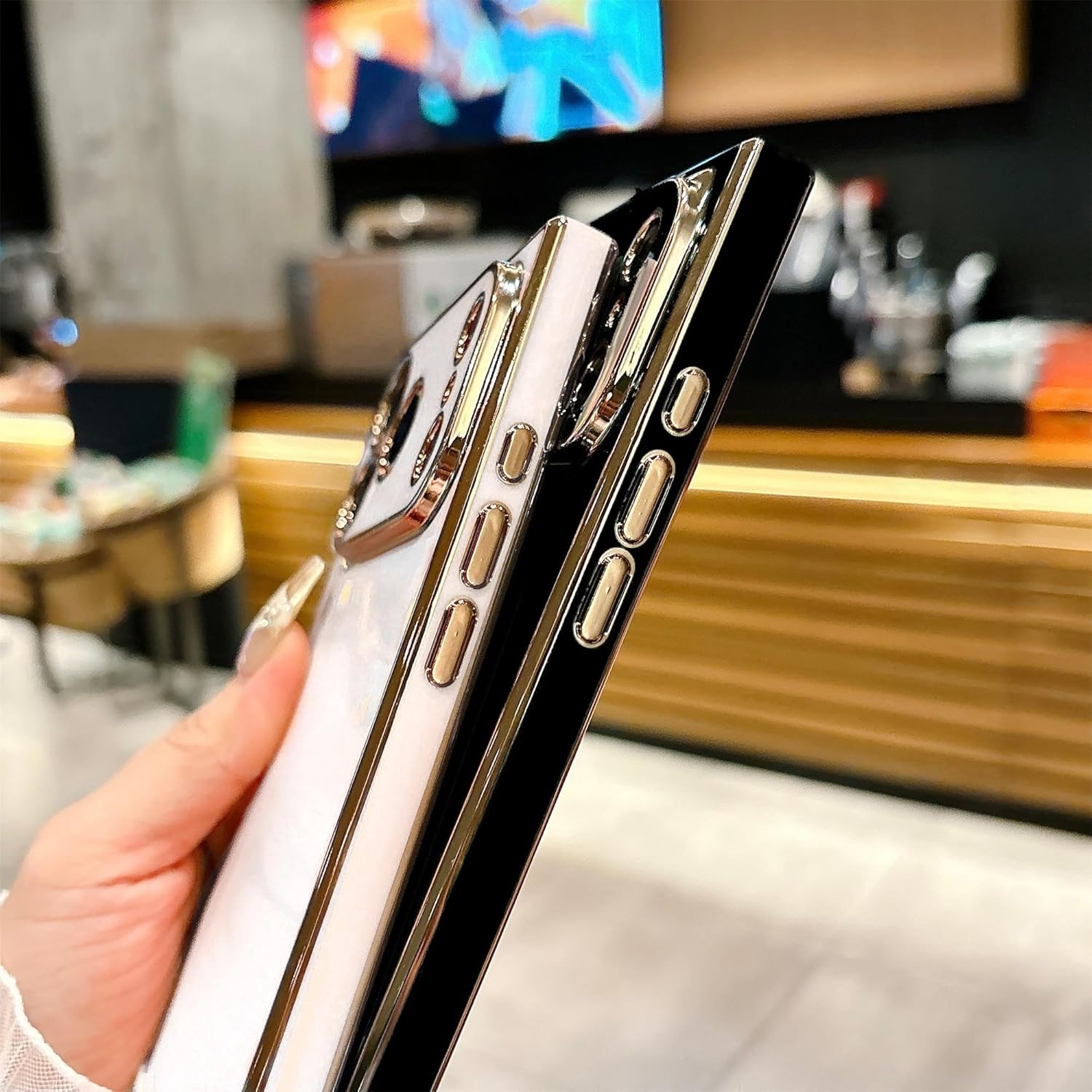 YTanazing Rectangle Case for iPhone 17 Pro Max, Luxury Plating Elegant Gold Edge Reinforced Corners Cover with Full Camera Protection Shockproof Silicone Phone Case for Women Girls, White - Image 5