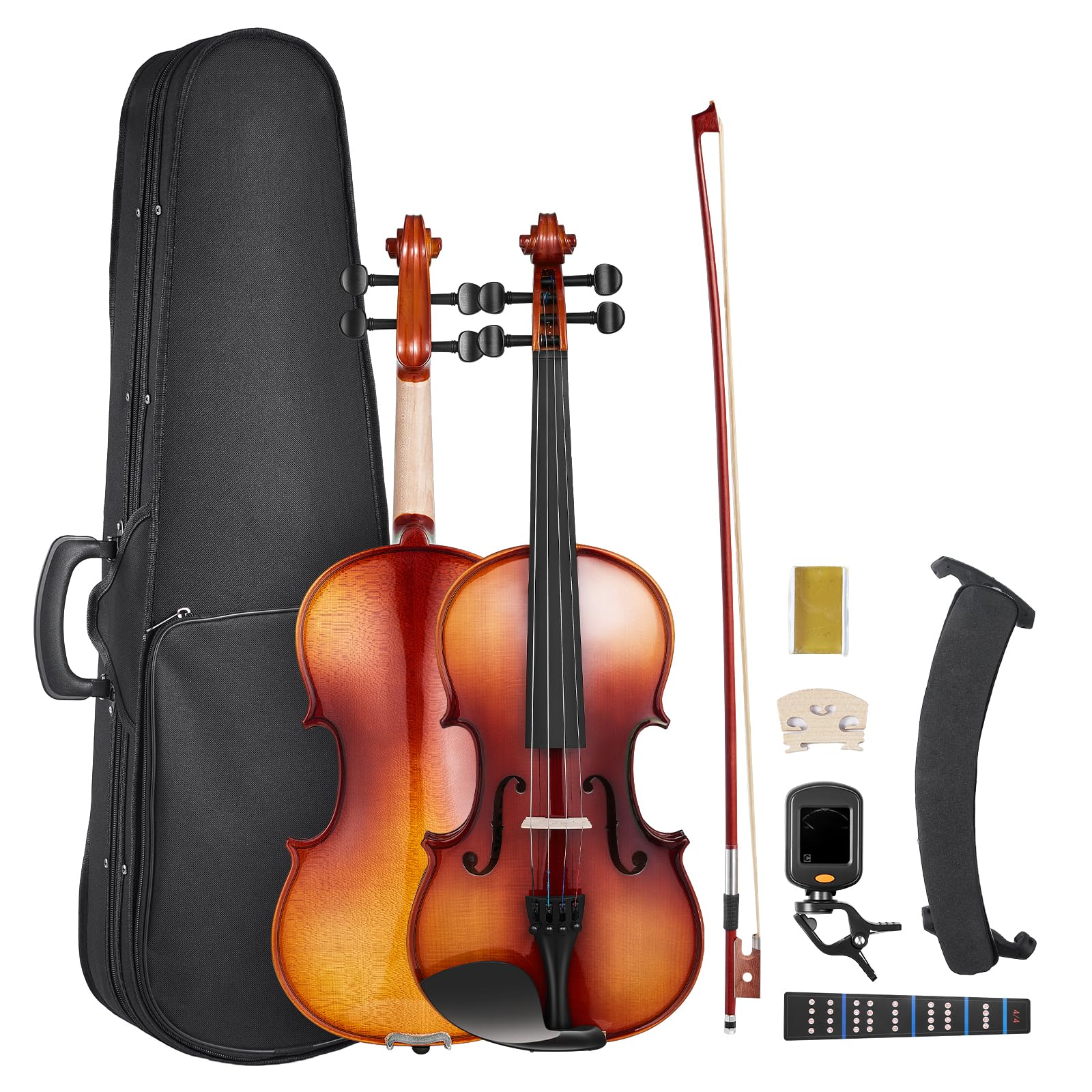 VEVOR Set di Violini da 355 mm Set Completo per Violino in Legno Massello, Misura Standard, con Custodia Rigida, Colofonia, Archetto, Spalliera, Ponticello, Corde Extra, Marrone Lucido