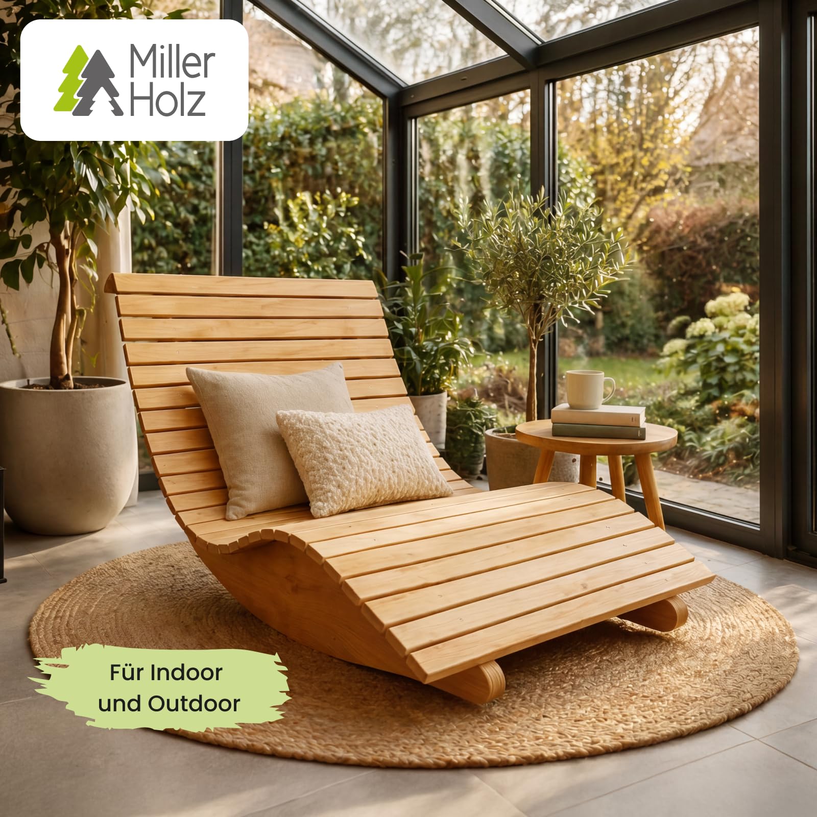 Sonnenliege Holz - 90 cm breit – ergonomische Gartenliege aus Eukalyptus mit Wipp-Funktion, wetterfeste Wellenliege für Garten, Terrasse & Sauna, geschwungene Relaxliege 90 cm breit