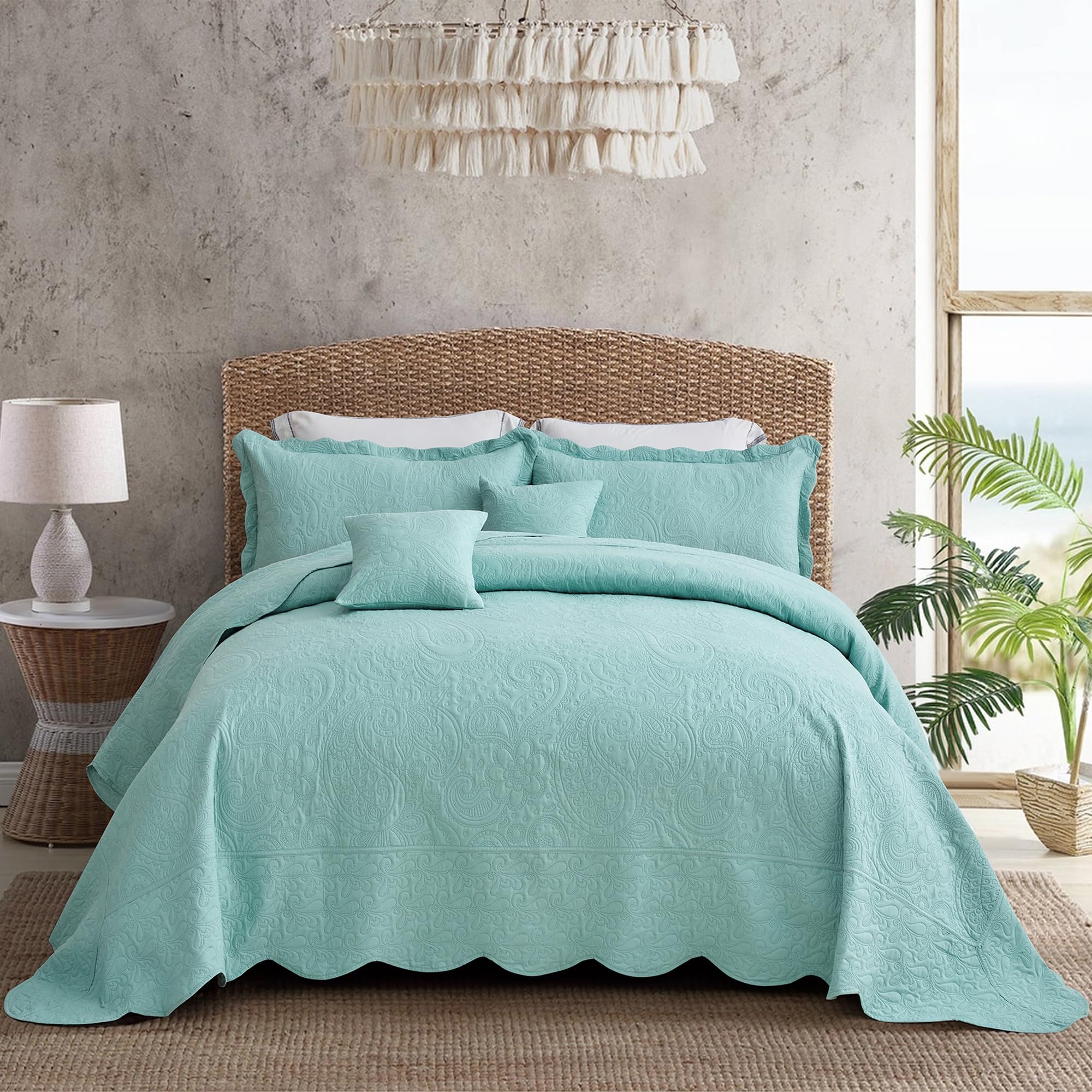 Oversized King Bedspreads, Embossed Paisley, Seaglass