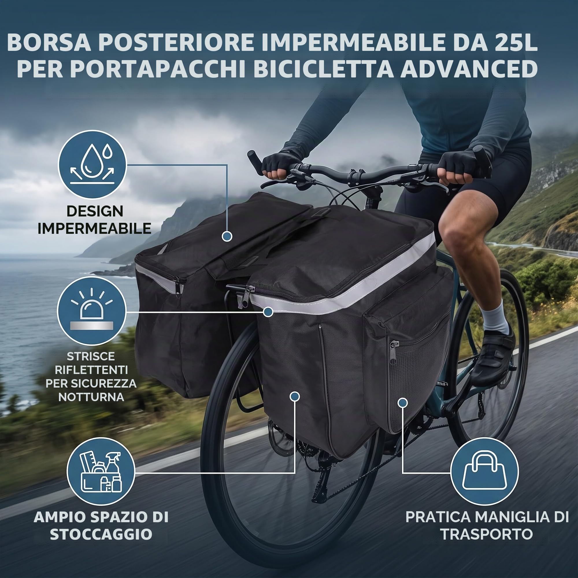 Wakects Borsa Doppia per Bici 25L Borsa Portapacchi Bici Posteriore Impermeabile Borsa per Bicicletta Posteriore Laterale per All'aperto Cavalcare Nero