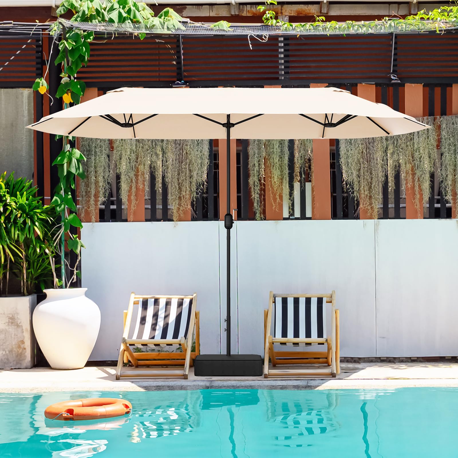 KOMFOTTEU Ombrellone da Giardino Doppio 396x201cm, Ombrellone Rettangolare con Manovella e Base, Ombrellone da Balcone Grande Impermeabile, Ombrellone da Patio per Piscina, Terrazzo, Cortile