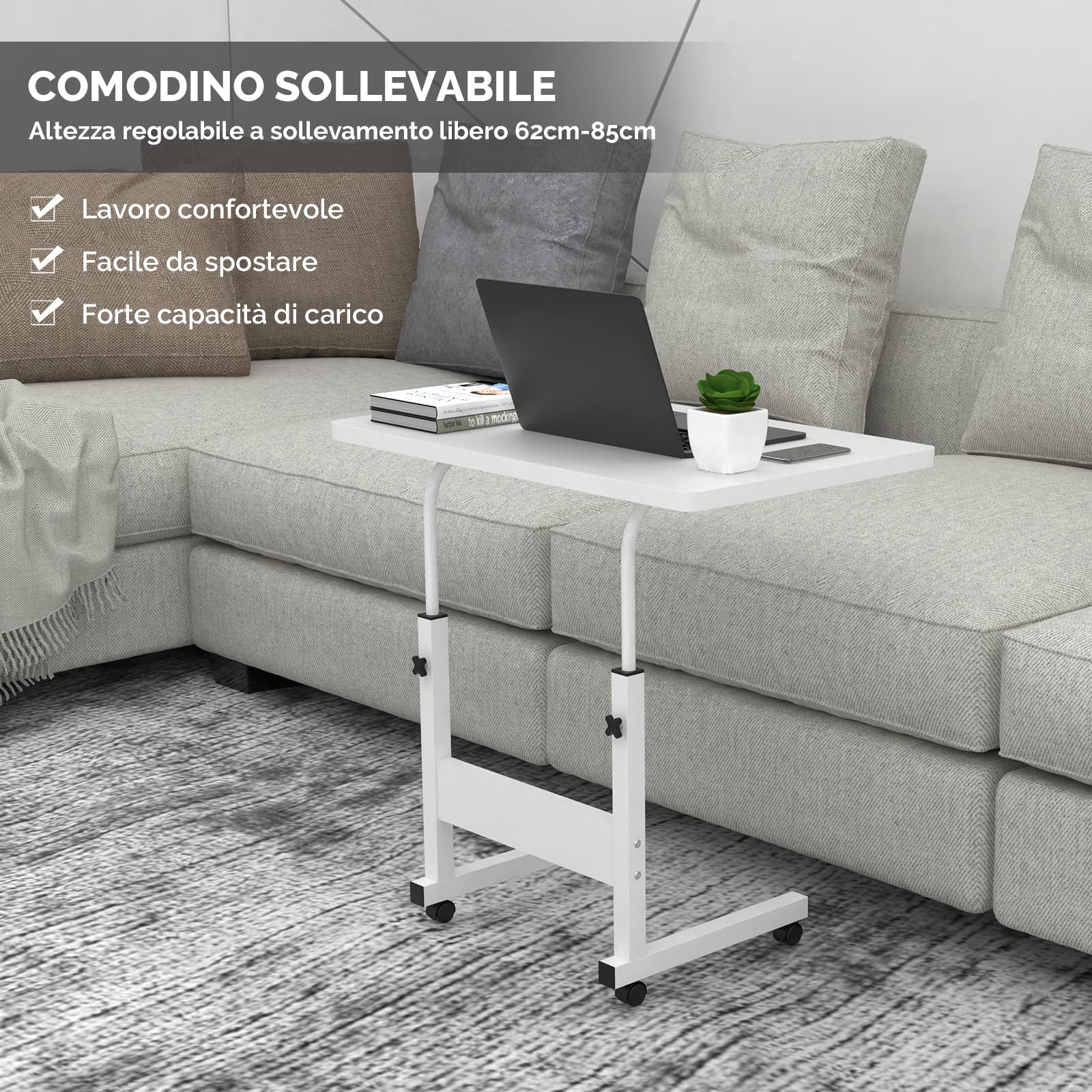 Scrivania con Ruote, 80x40cm Scrivania per Laptop, Tavolino da Laptop Mobile Regolabile in Altezza 69-89cm, per Tablet Cellulare, Tavolino Portatile Bianco, Adatto per Ufficio