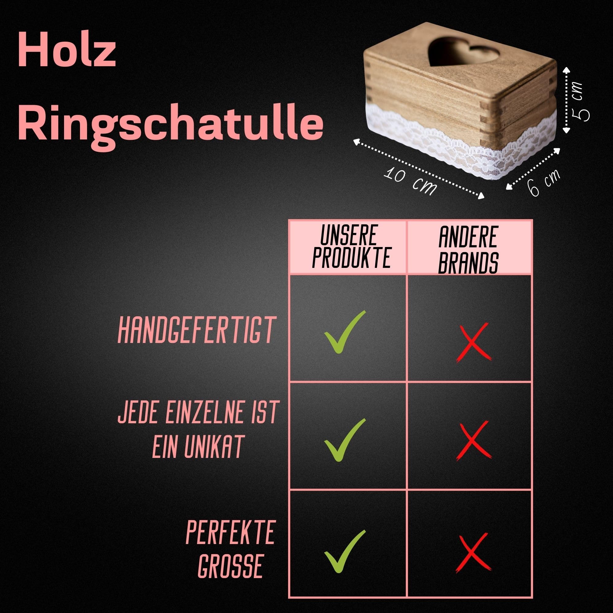 Holz Ring Box Ringkissen Hochzeit Ring Schatulle Ringschachtel Vintage Hochzeitsdeko, Braun