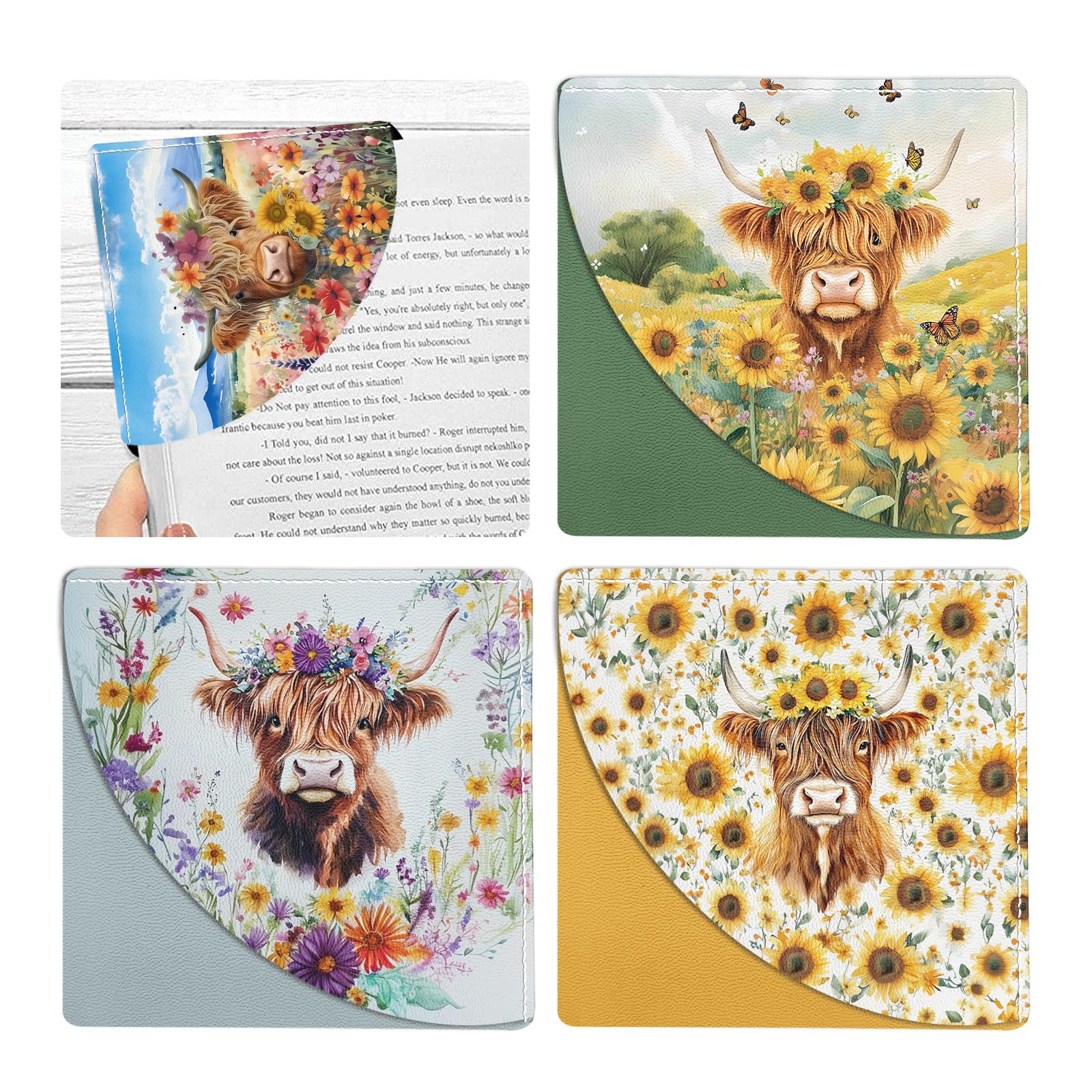 bolimoss Highland Cow Leather Bookmark 4 Pcs Cute Sunflower Book Corner Bookmarks Floral Book Accessories for Women Book Lovers Reading Lover Teacher Student Girls Gift — image 1