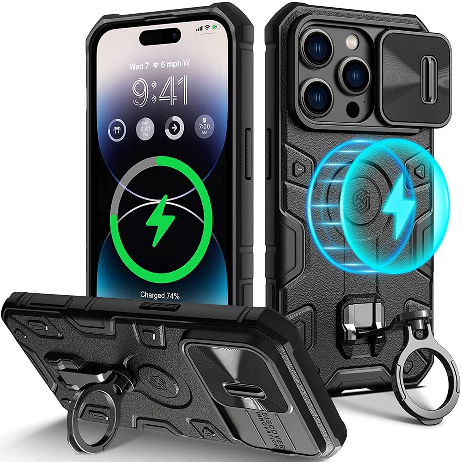 Wefor Case for iPhone 14 Pro Case with Stand, Slide Camera Cover, Military Grade Shockproof Portective Case Compatible with MagSafe Wireless Charger&Magnetic Car Mount Holder (Black)