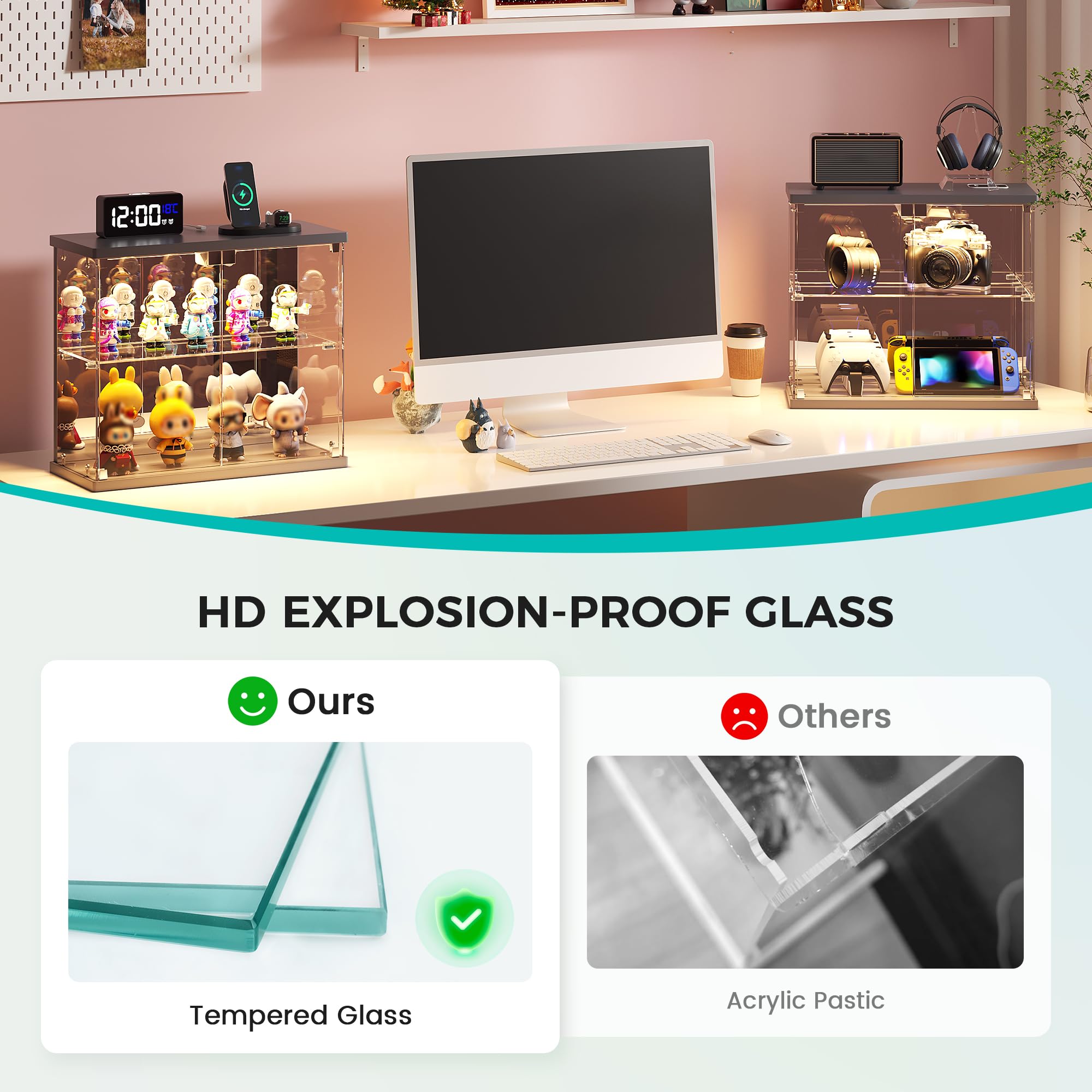 FREDEES Vitrina de cristal transparente con luz LED, compacta de 2 niveles con estación de carga y sensor de movimiento, para figuras de acción, coleccionables, modelos de coche y perfume, color gris