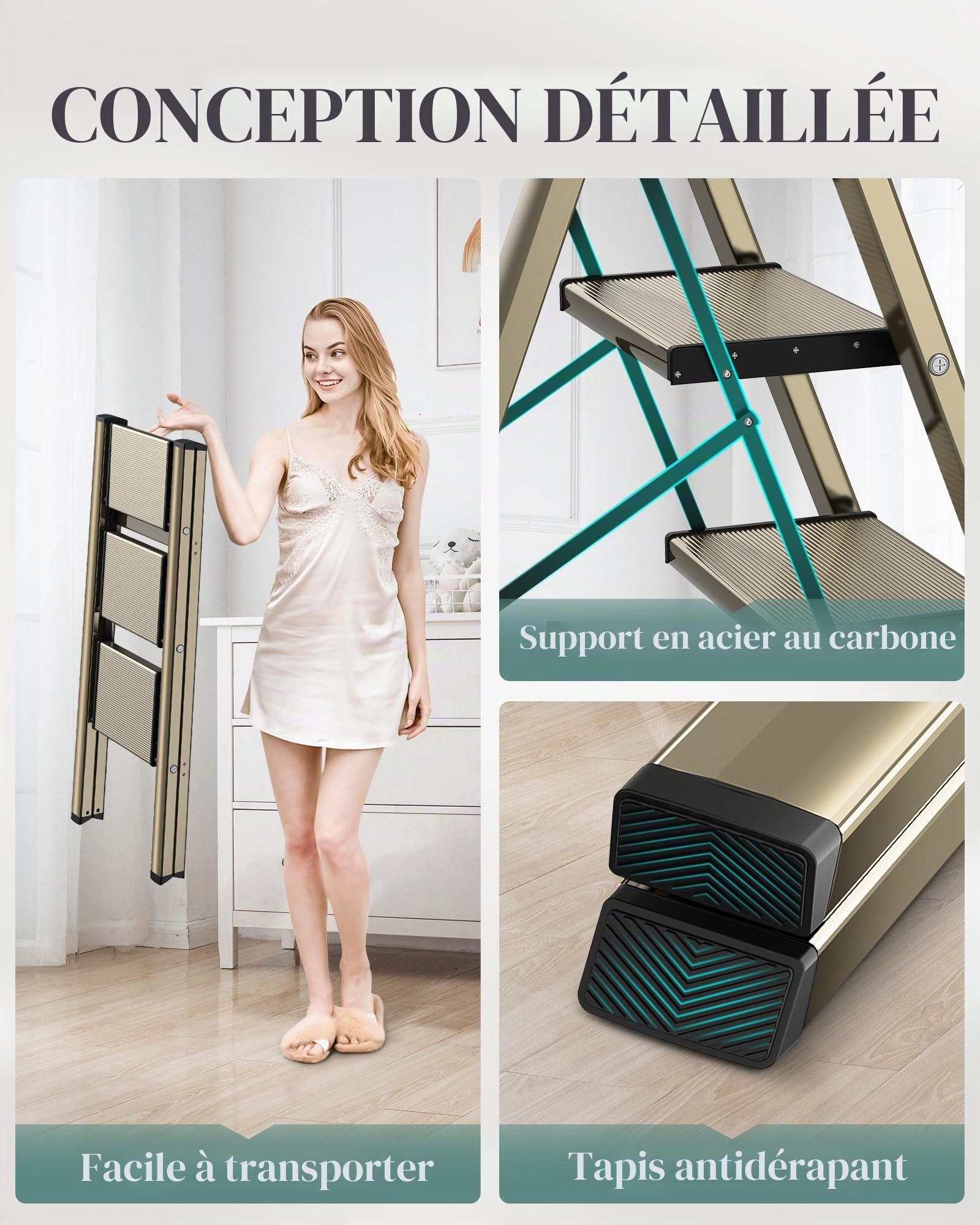 Escabeau pliable à 3 marches avec large pédale antidérapante, matériau en aluminium léger mais robuste, charge de 150 kg, aspect moderne mignon pour les espaces domestiques intérieurs,