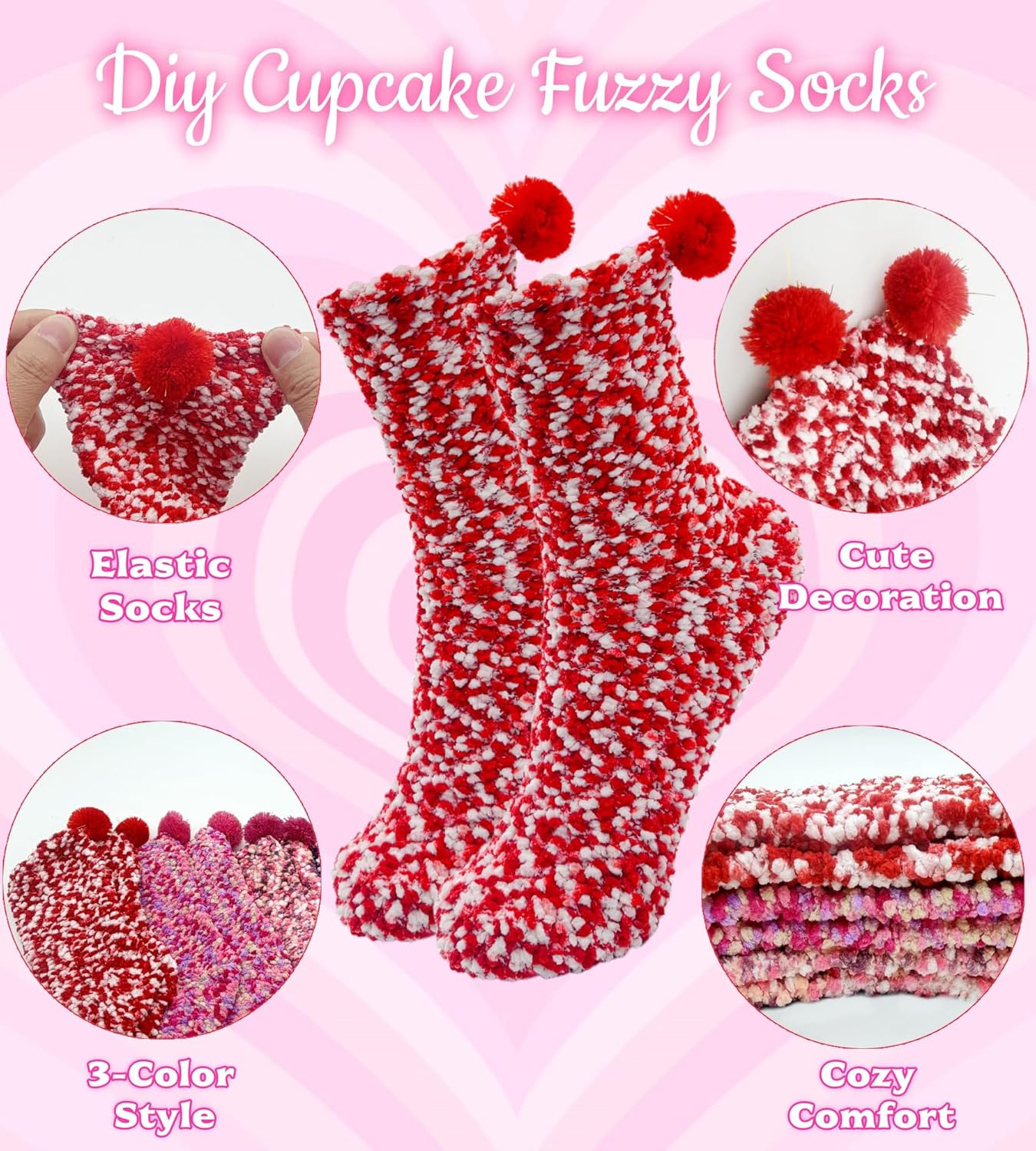 Valentine's Day Cupcake Socks, 8/12/24 Pairs Fuzzy Fluffy Slipper Socks, DIY Valentine Gift - Image 6