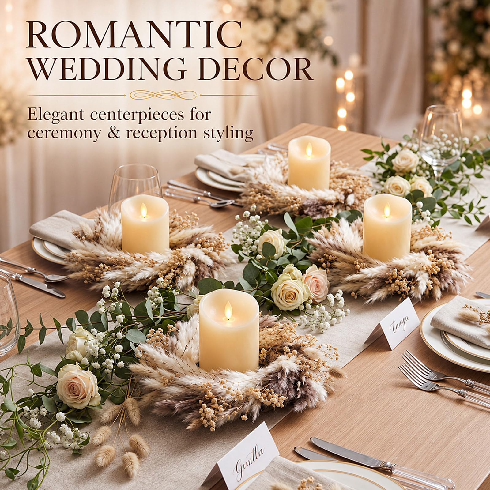 Leinuosen 4 Stück Boho Pampasgras Kerzenring Kränze, getrocknete Blume Kerzenring für LED-Kerzen, Boho-Kerzenhalter, Kränze für Hochzeit, Herbst, Tischplatte, Bauernhaus-Dekor