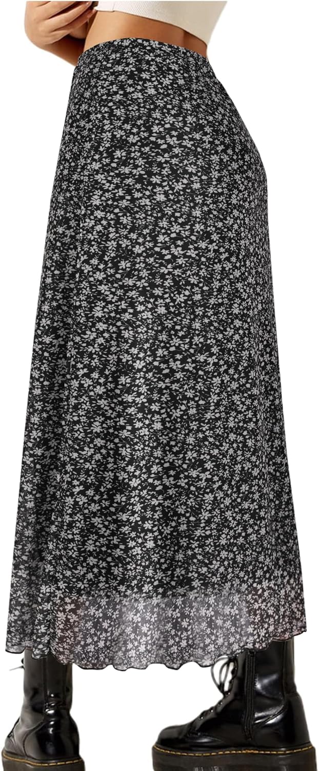 Avanova Women Ditsy Floral Bohemian Mesh Midi Skirt Elastic High Waisted Flowy Summer Long Skirt - Image 2