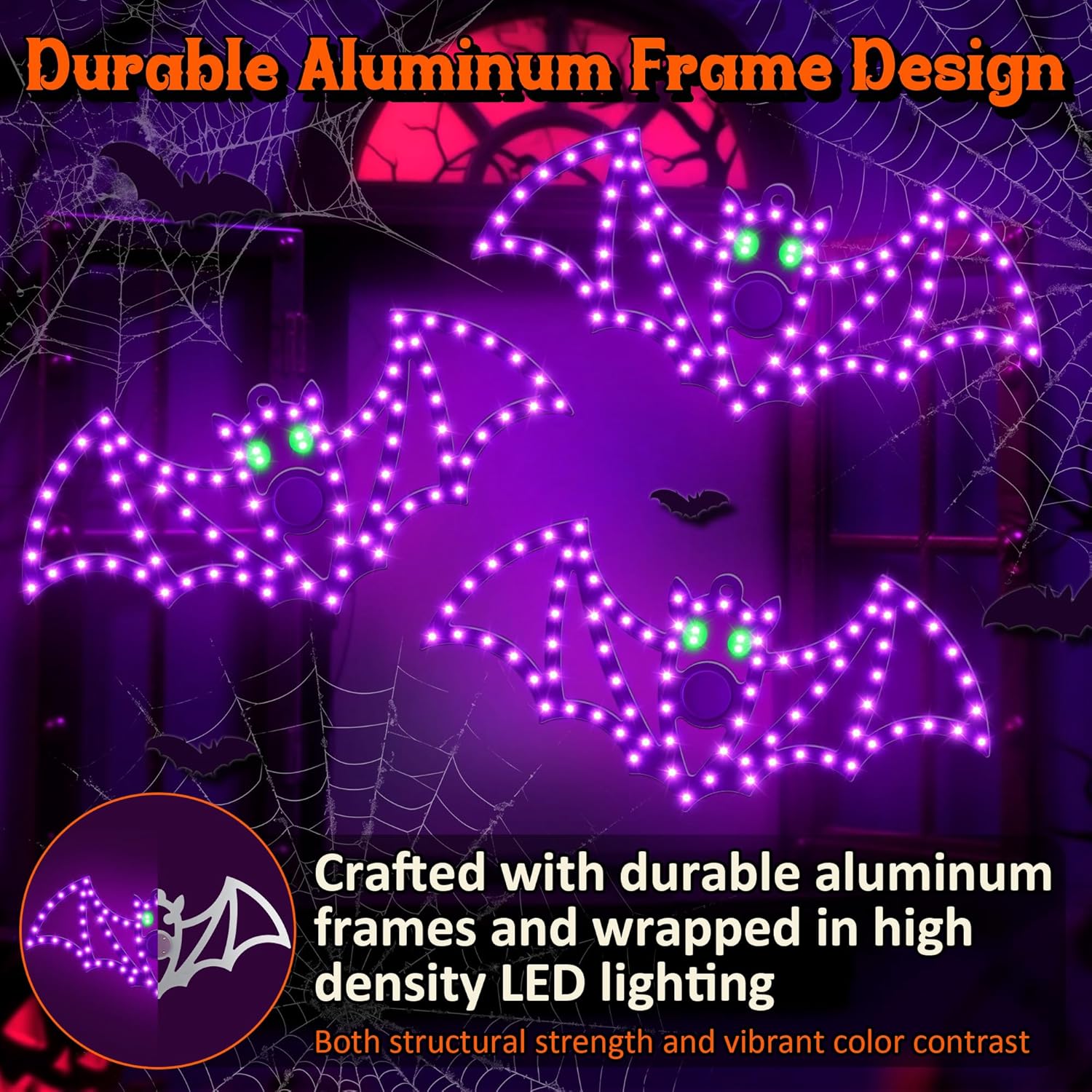 3 Pack 14" Halloween Classics Twinkling LED Bats, Hi-Vibrant Aluminum Frame Bats Window Silhouette Lights, Purple and Green LED Lights, Holiday Indoor Outdoor Decoration