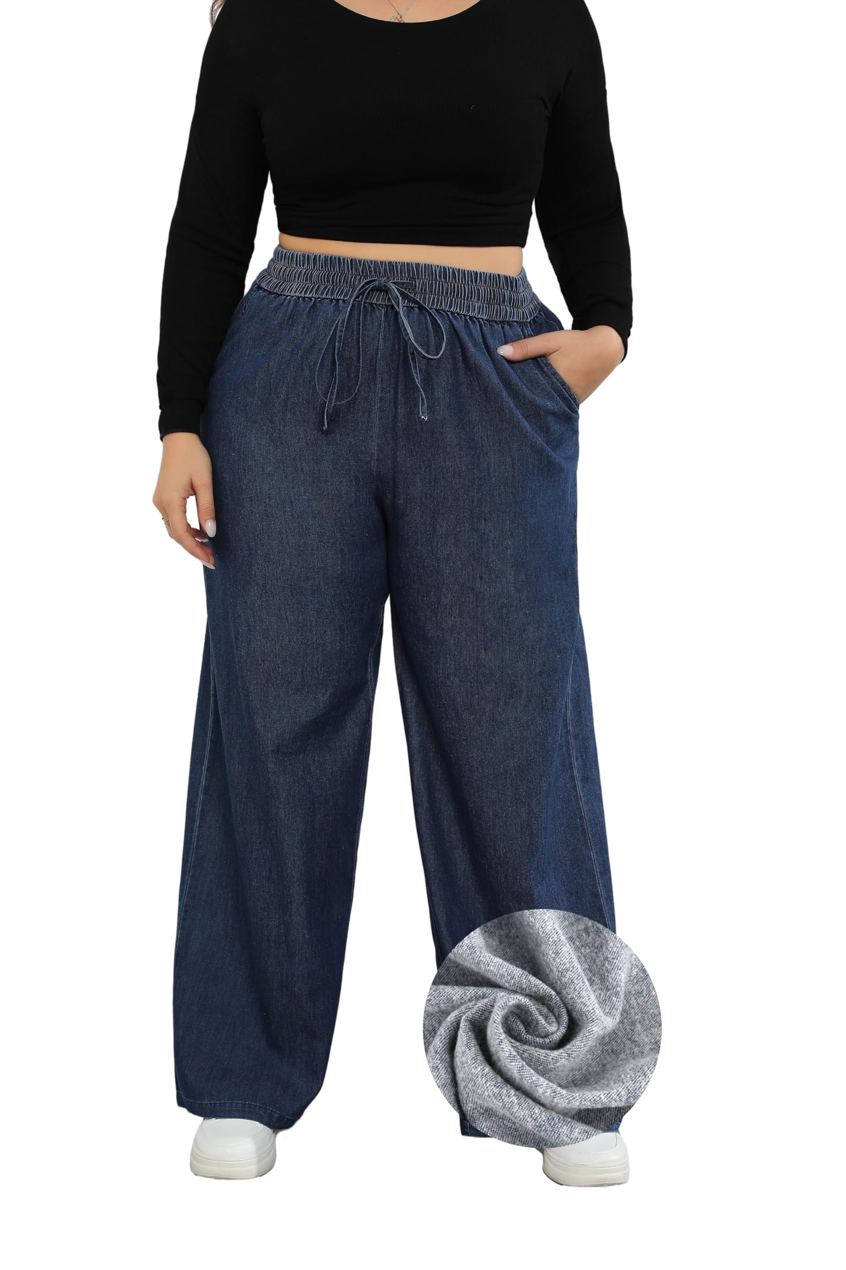 Love Welove Fashion Wide Leg Jeans for Women Elastic High Waisted Pull On Drawstring Baggy Denim Pants Plus Size 3XL