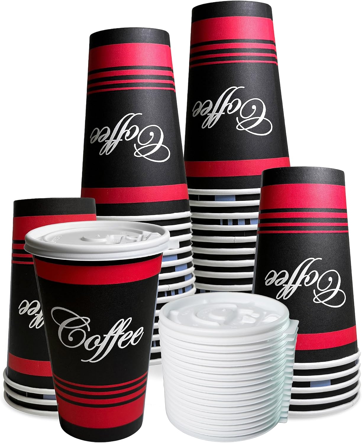 Restaurant Grade 16 Oz Paper Coffee Cups with White Lids - 300 Count By EcoQuality Disposable Cups For Hot and Cold Drinks. Great For Tea, Soda, Shops, Cafes, and Concession Stands