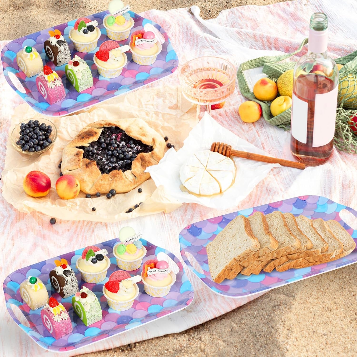 gisgfim 3Pcs Summer Mermaid Serving Trays with Handles 14 x 10 Inch Large Melamine Tray Rectangular Ocean Serving Platter Tray Melamine Dishes for Serving Food Outdoor Dinner Dessert Plate Party Set