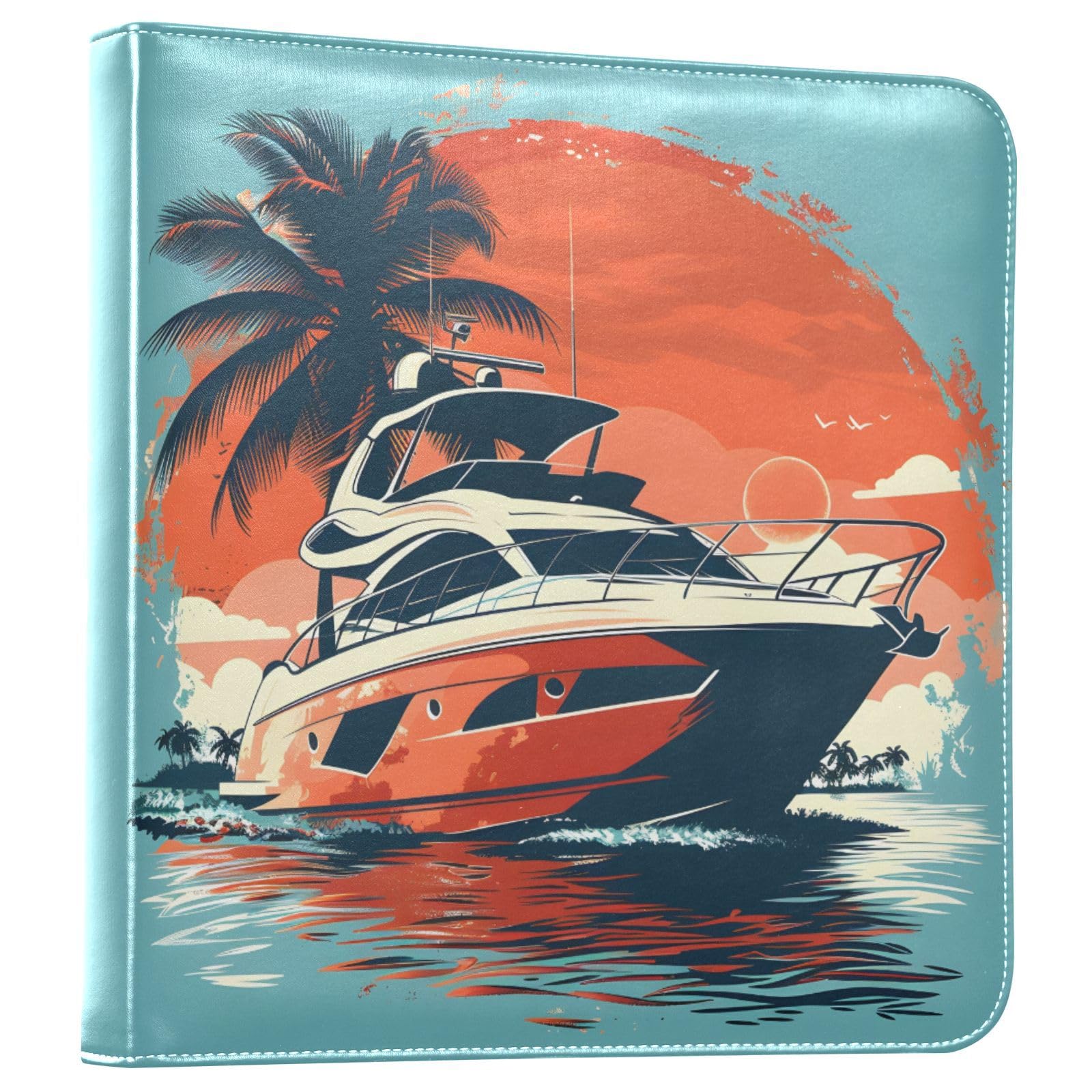 JIPONI Speedboat and Sunset Large Photo Album, DIY Leather Cover Scrapbook Albums for 4x6 5x7 6x8 Pictures, Self Adhesive Memory Book for Wedding, Baby, Family
