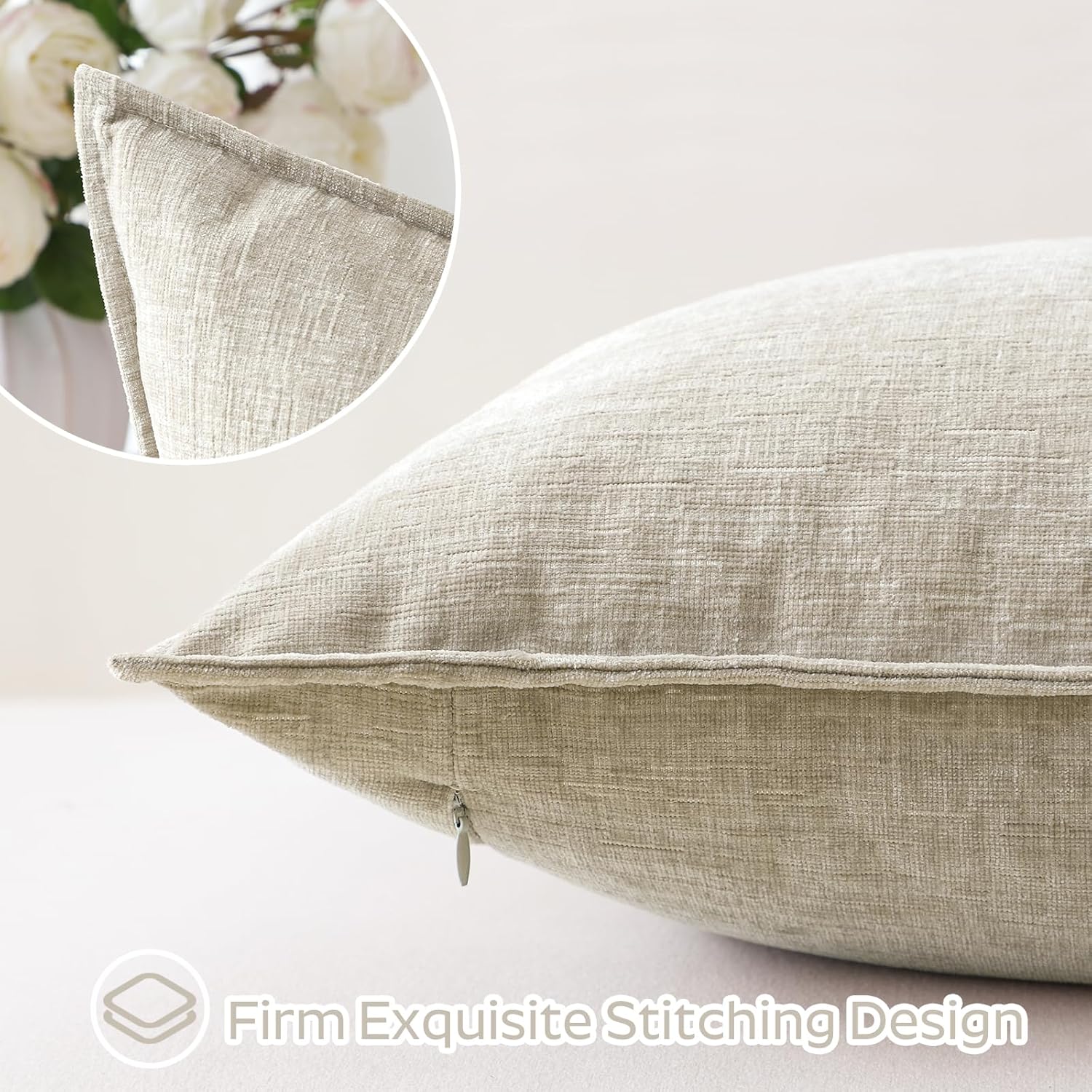 Sungeek Set of 2 Chenille Cushion Covers, Soft Decorative Cushion Covers, Wrapped Edge Cushion Cover, Decorative Cover, Plain Cushion Cover for Sofa, Bedroom, Living Room (60 x 60 cm, Beige)