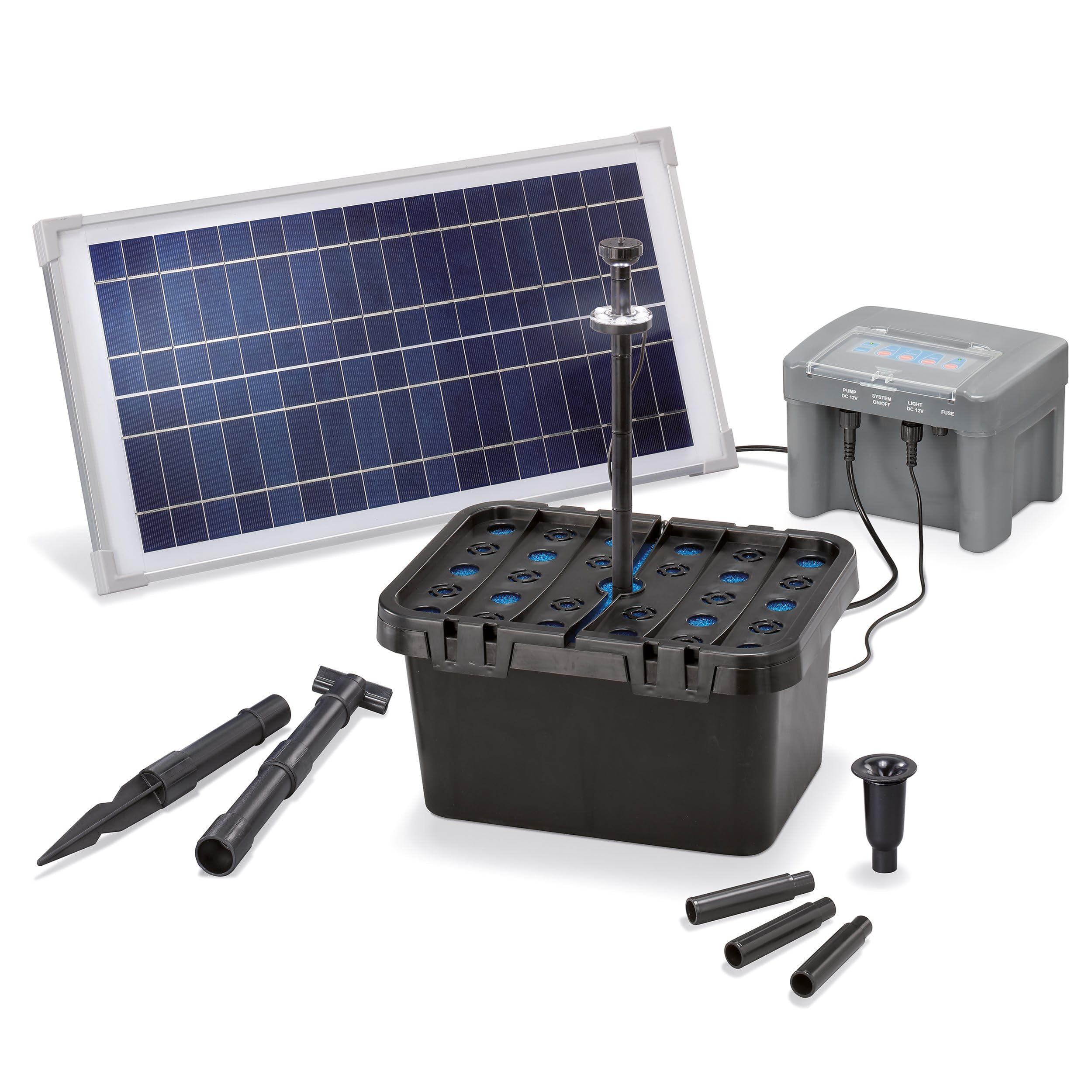 Esotec Solar Teichfilterset Profi 15/500 LED proBatt, Komplettset, Pumpe, Teichfilter, LiFePo4 Akku, Programmfunktionen, Teichpumpe, 15Wp, Förderhöhe 1,1m, 500 l/h 101058