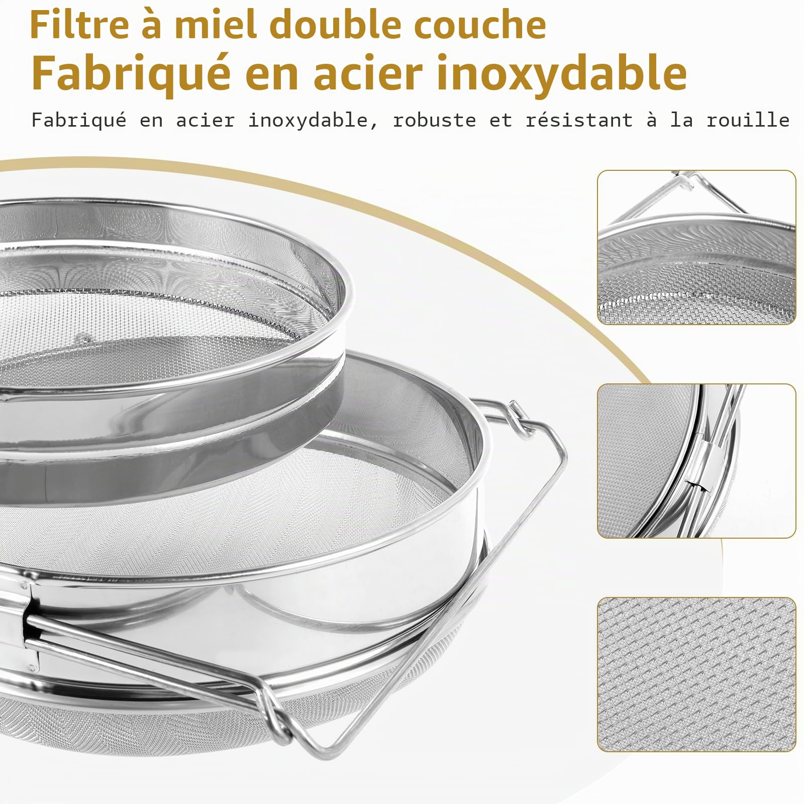 Double filtre à miel avec bras extensibles et grattoir, filtre à miel en acier inoxydable avec tamis pour seau de 5 gallons, miel propre