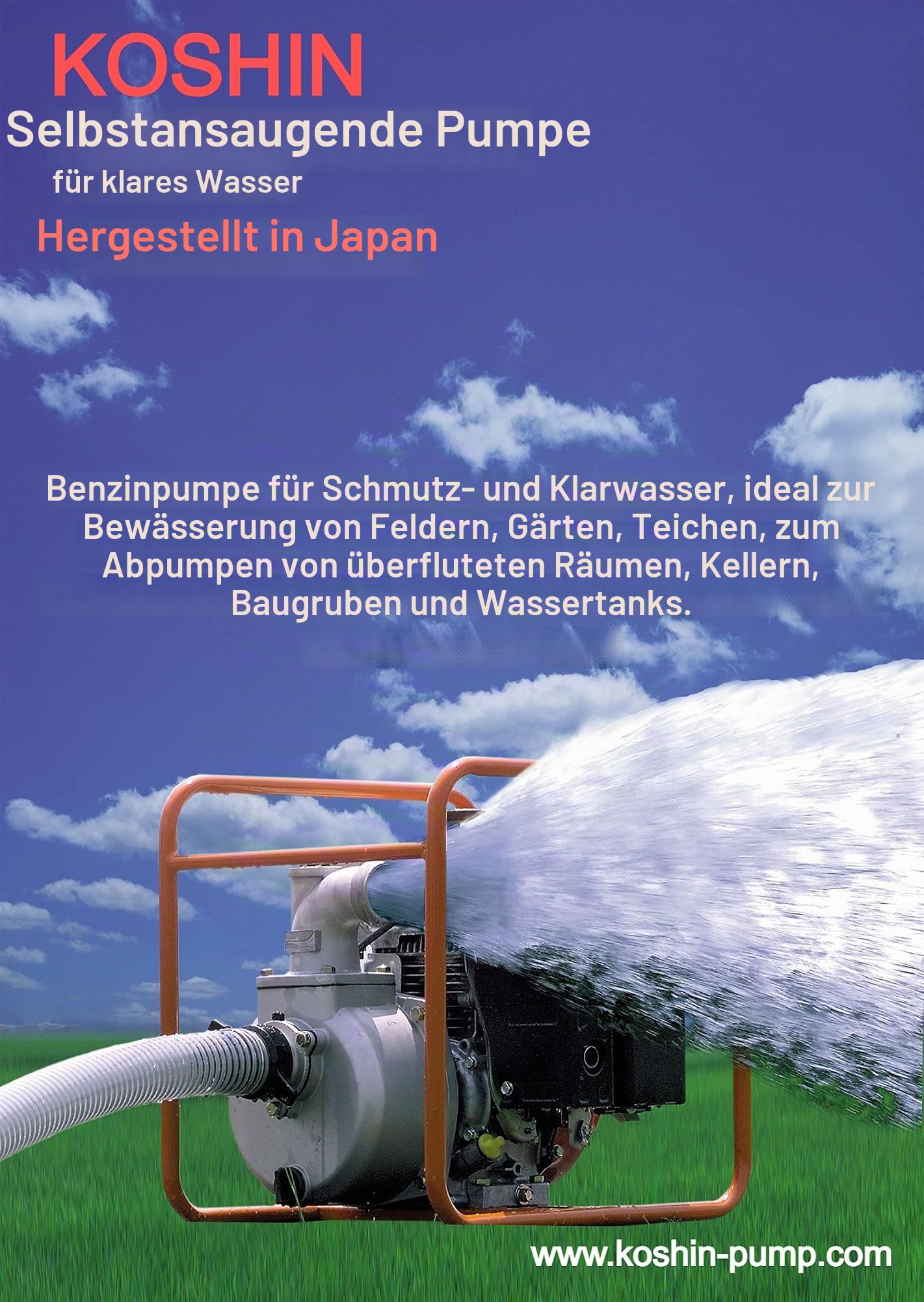 KOSHIN Benzin-Wasserpumpe 2" (50 mm) SEH-50X – Original Made in Japan mit Honda GX120 Motor – 600 l/min, 27m Förderhöhe – Hocheffiziente Motorpumpe für Garten, Landwirtschaft & Brauchwasser