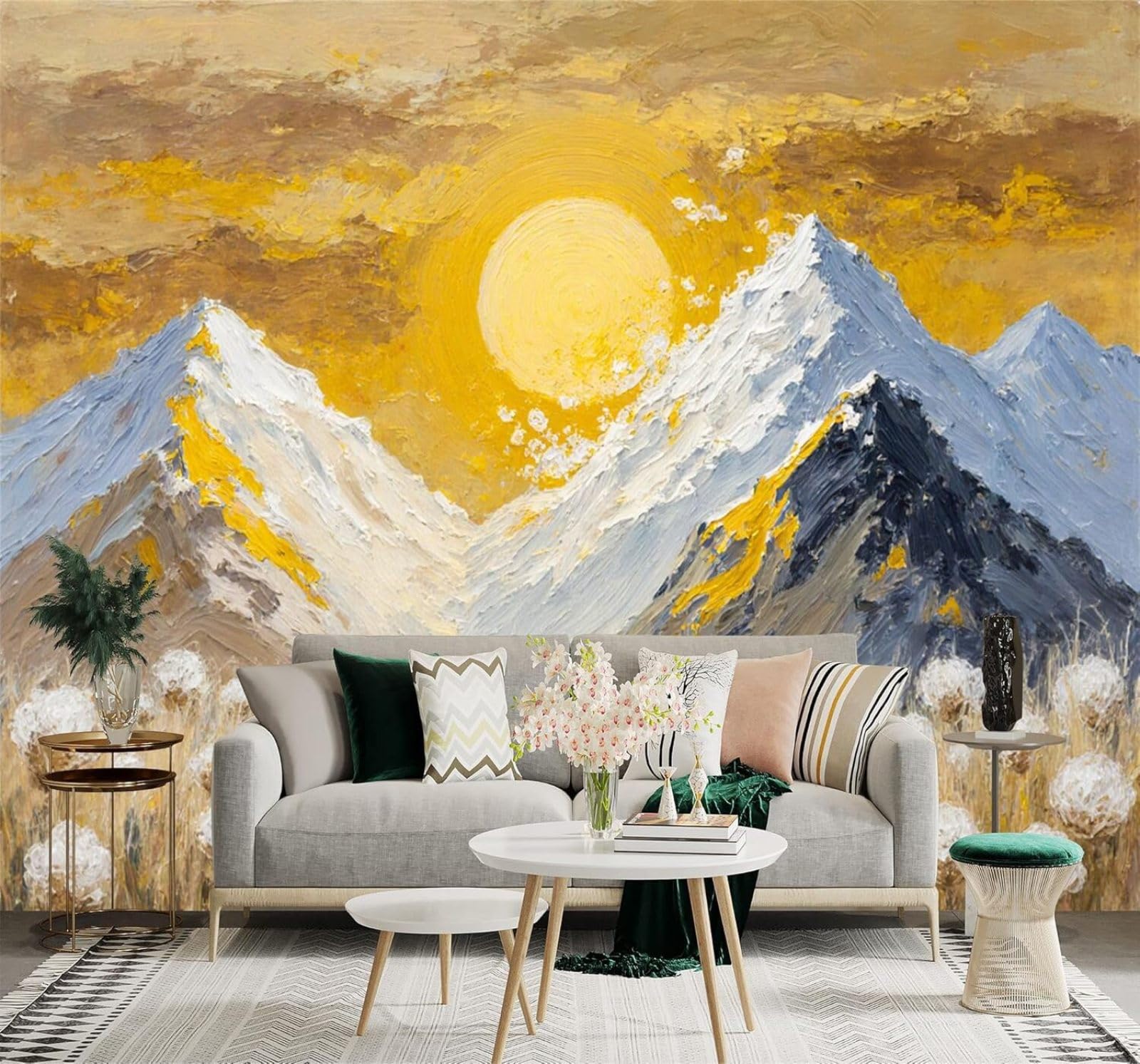 XLMING Golden Sunrise Snow Capped Mountains Grassland Flowers Landscape 3D Wallpaper Silky Texture Home Study Office Grey Dining Room Sofa Bedroom Living Room TV Backdrop-430cm×300cm