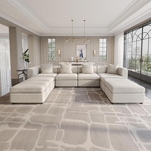 Guyii Velvet Sectional Sofa, Modern Oversized 8-Seater Sofa with 4 Pillows and Storage Footstool, 149.6" Long Convertible Sofa with Cushions, U-Shaped Sofa for Living Room, Apartment, Home