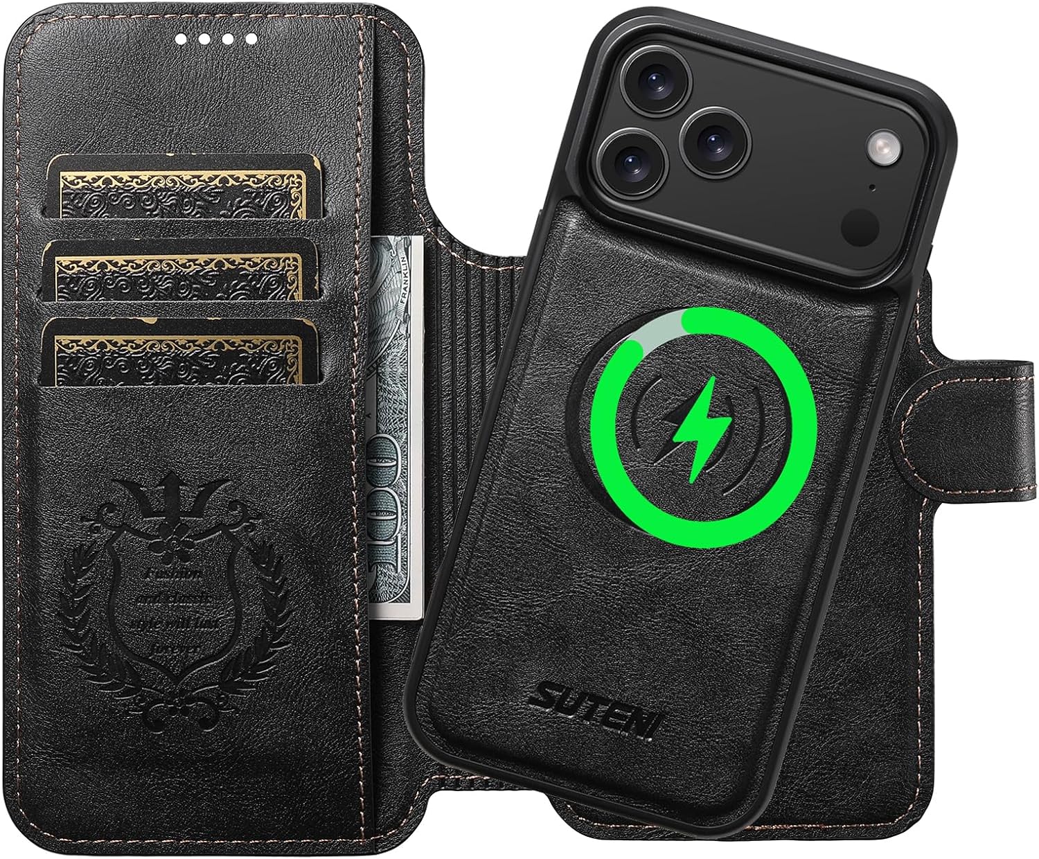 Leather Magnetic Wallet Case for iPhone 17 Pro 2in1 Detachable Cover Compatible with MagSafe & Wireless Charging, 3 Card Slots/Holder, Kickstand, 360° Military Shockproof Protection Black