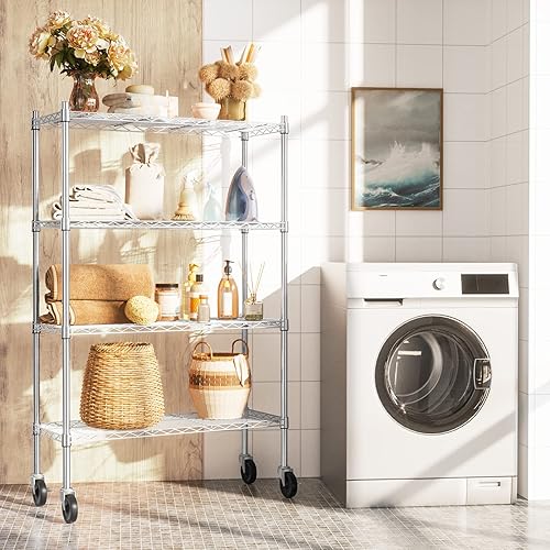 Miniatura 2 de Auslar Estantes de almacenamiento de 4 estantes con ruedas resistentes de 4 niveles para carrito rodante, estantes de metal de alambre ajustable,