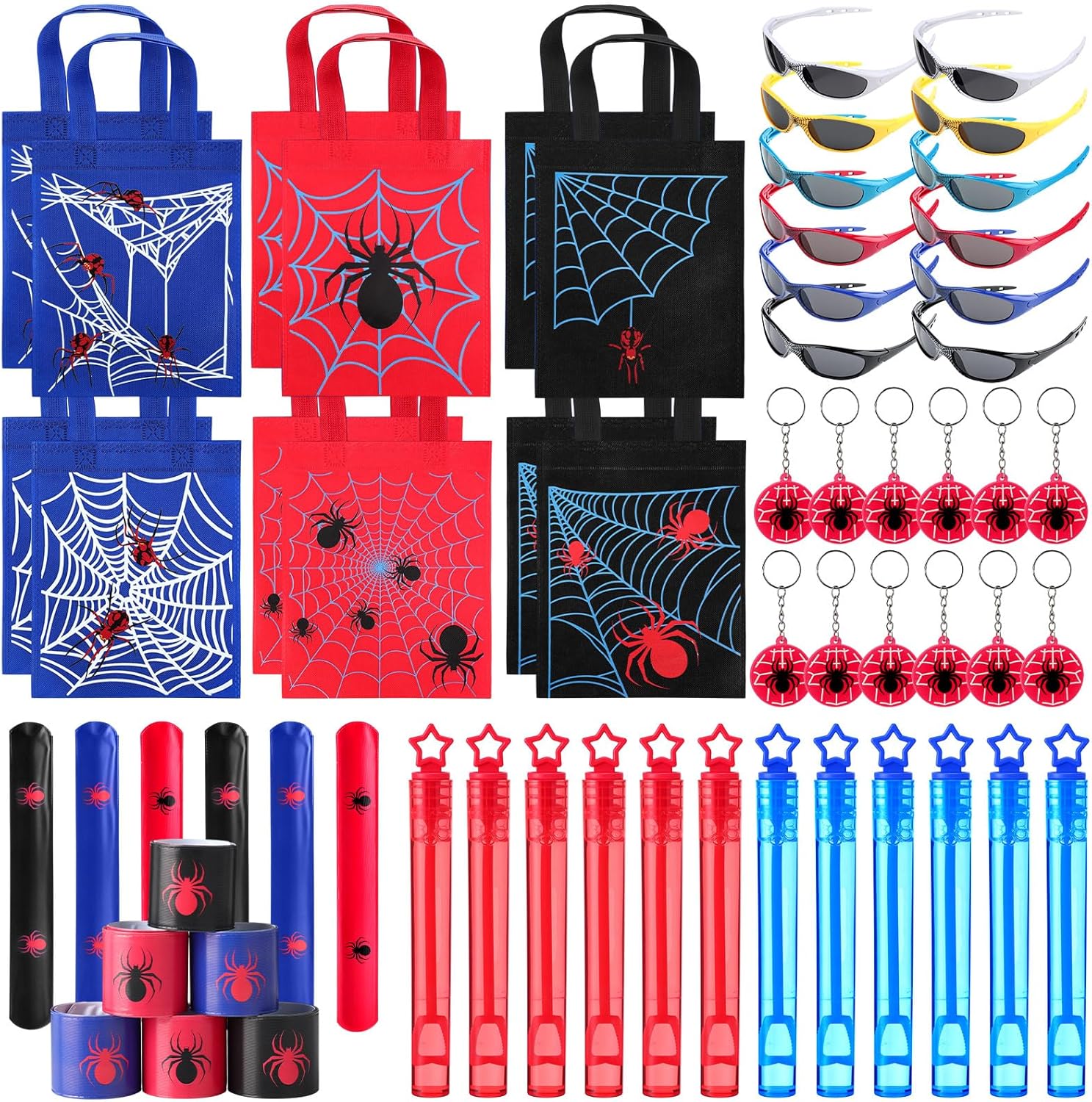 60 Pcs Spider Party Favors Include Spider Sunglasses, Web Gift Tote Bags, Slap Wristbands, Silicone Keychains and Blue Red Star Bubble Wands for Birthday Comic Hero Party Decoration