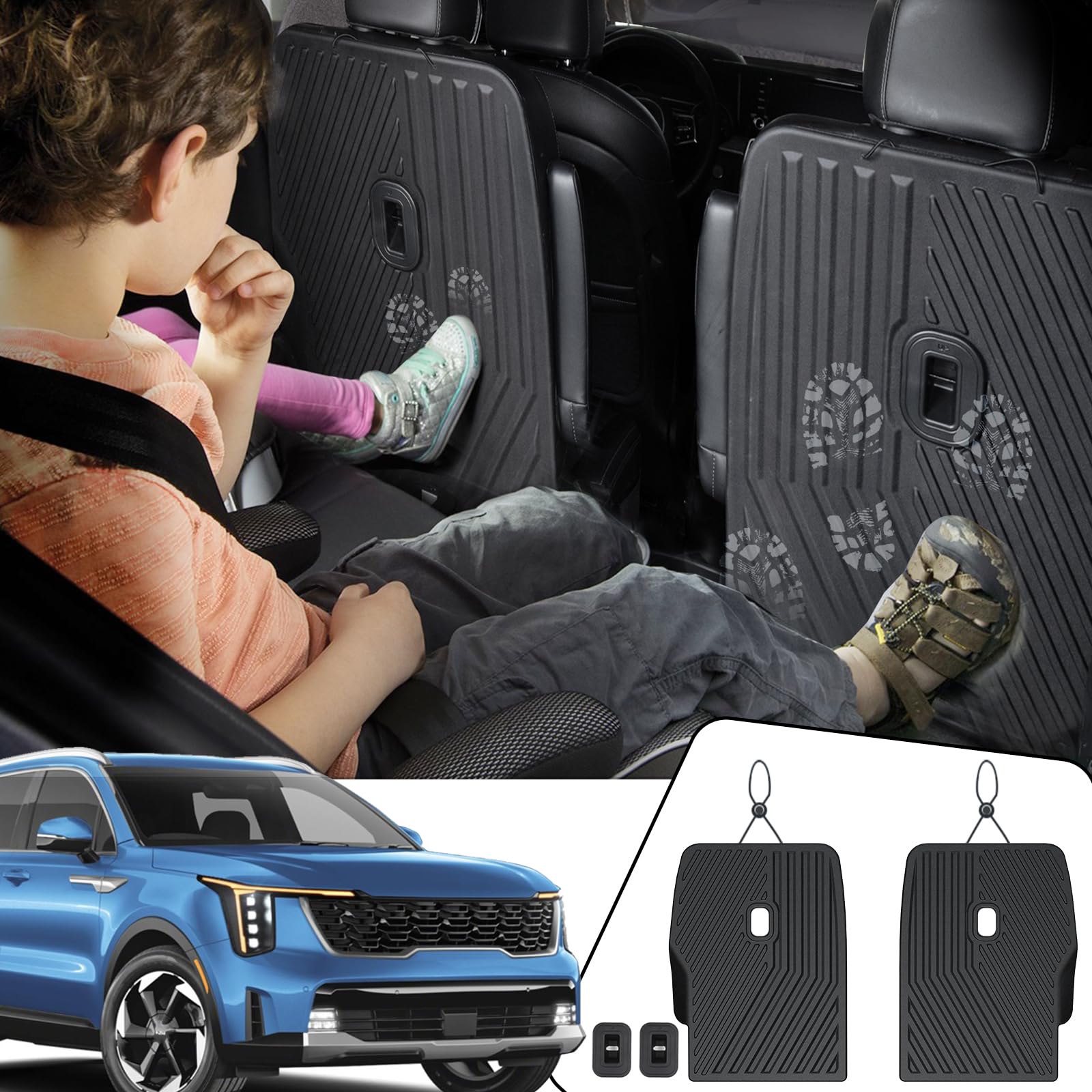 Backrest Mats Kick Mats for 2021-2024 2025 Kia Sorento 6 Seats Captain Chairs Car Mat Accessories, All Weather TPE Seat Back Cover Protector(2nd Row Kick Mats 6 Seats)