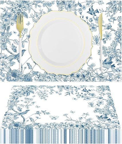 Paquete de 50 manteles individuales desechables de papel de flores y pájaros, manteles individuales de papel colorido de 11 x 17 pulgadas, manteles