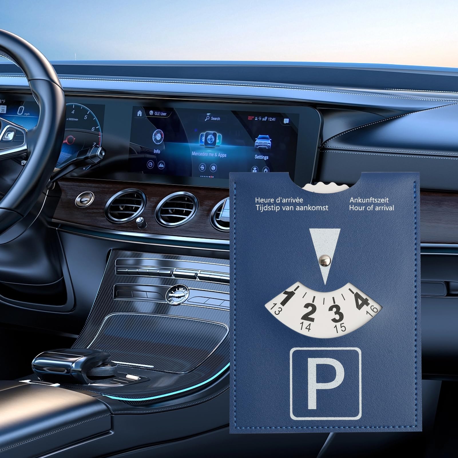 Disco Horario de Lujo Grande para Estacionamiento, Modelo Europeo Multilingüe, en Cuero Sintético Suave al Tacto, 11x15cm, para Coche, Moto y Autocaravana，Azul