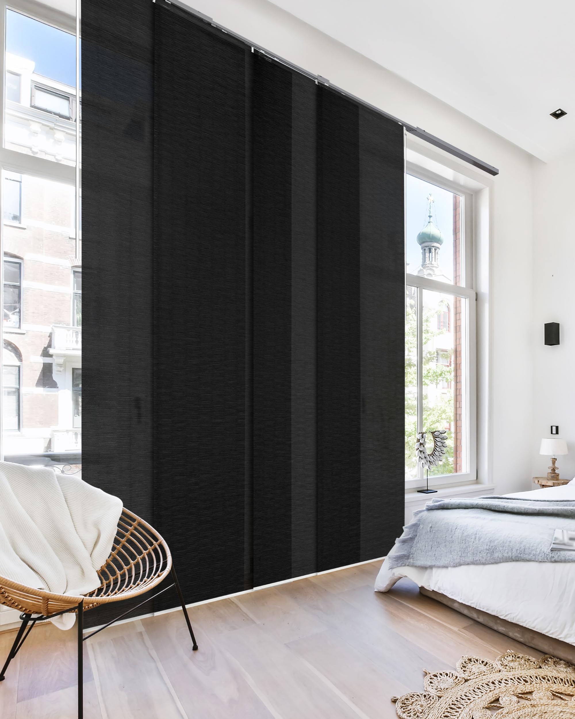 GoDear Design Adjustable Sliding Panel Vertical Blinds, Fits Windows, Patio Doors, Sliding Glass Doors, Room Dividers, Adjustable Track Width 45.8"- 86", Trimmable Panel Height Up to 96", Tulip Noir