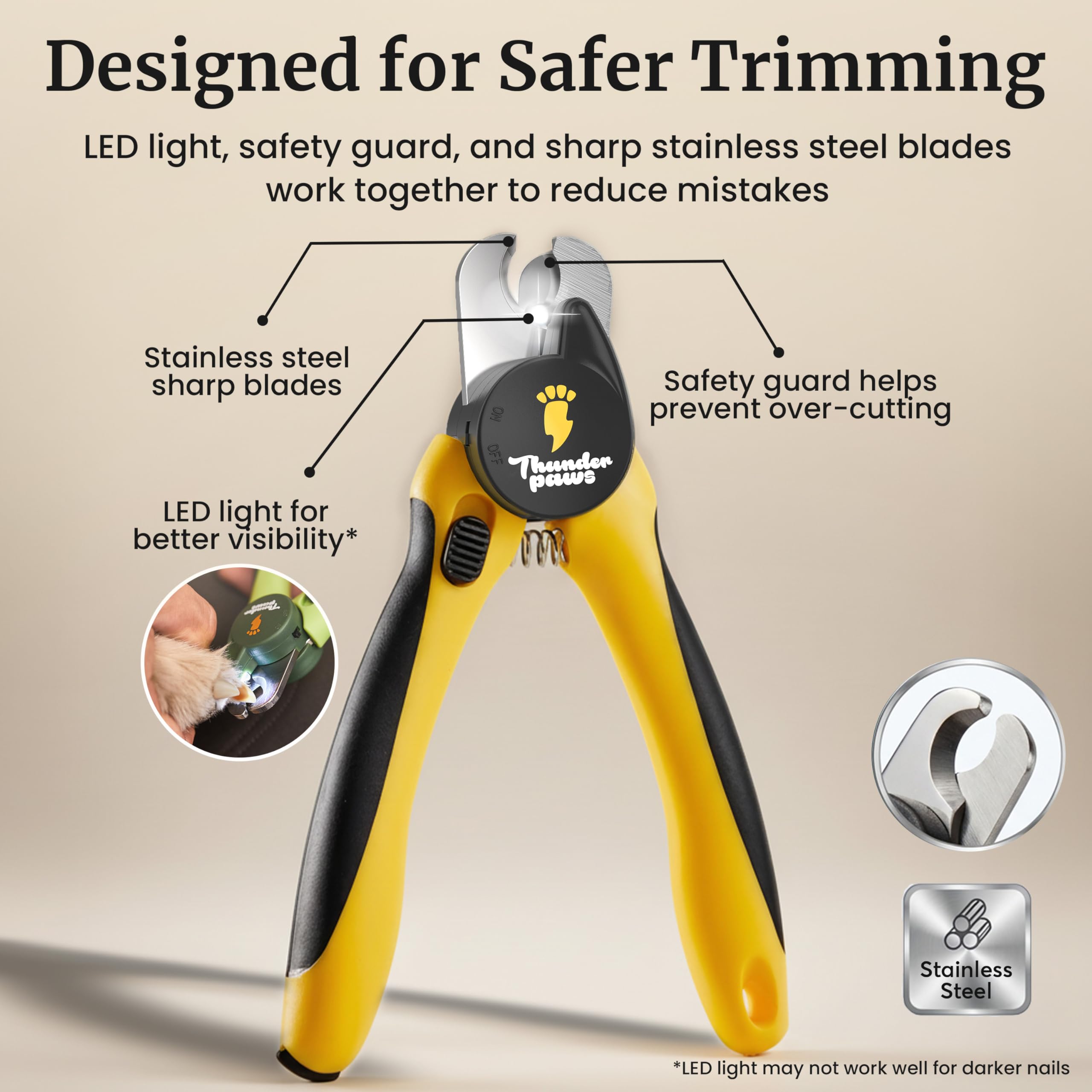 LED Dog Nail Clippers with Light, Trimmers with Protective Guard, Quick Sensor, Safety Lock and Nail File - Suitable for Large and Small Dogs & Cats (Yellow, LED) - image 2