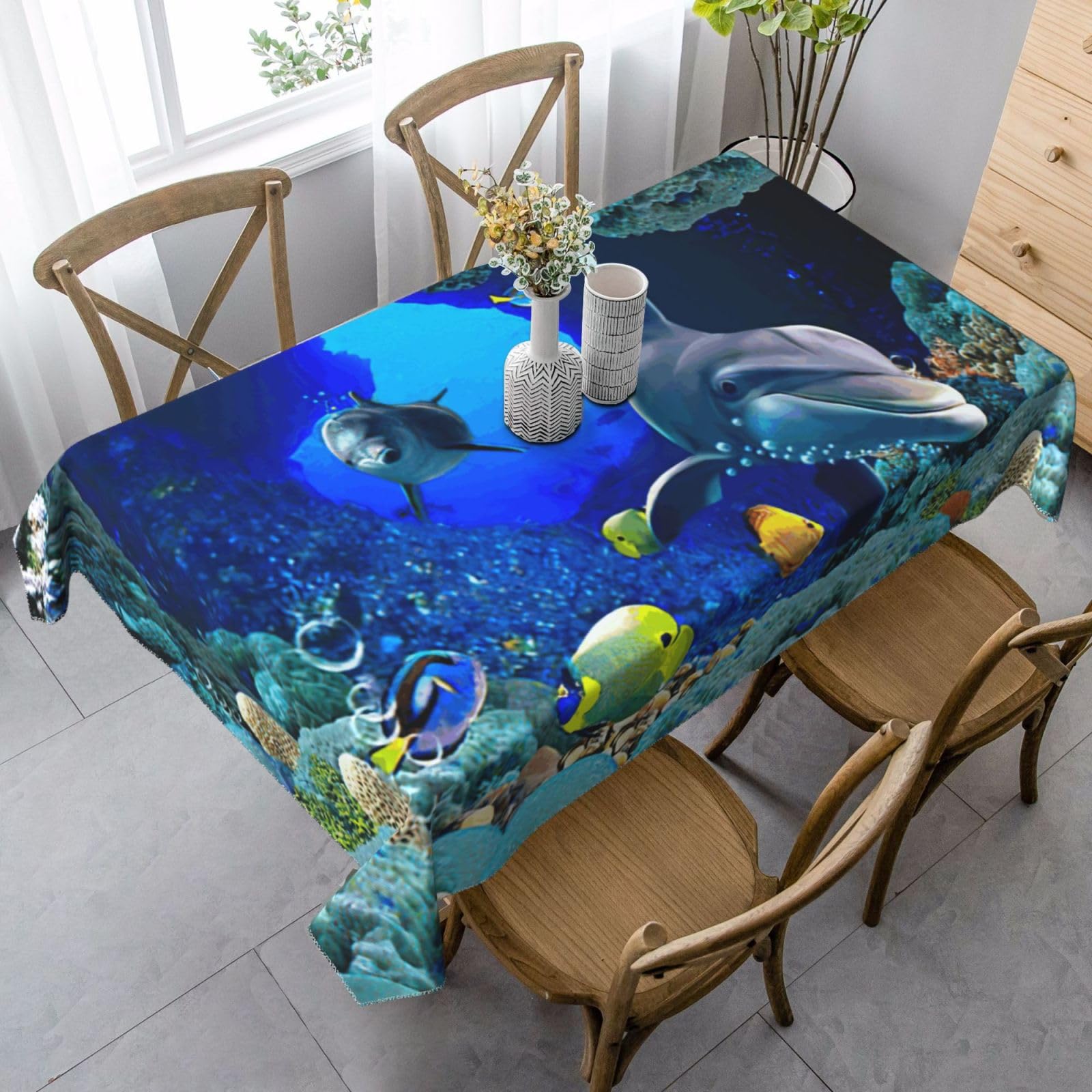 yagDAA Dolphin And Coral Print Rectangle Tablecloth Table Cover Indoor Outdoor Dining Room Kitchen Table Cloth 140x90cm