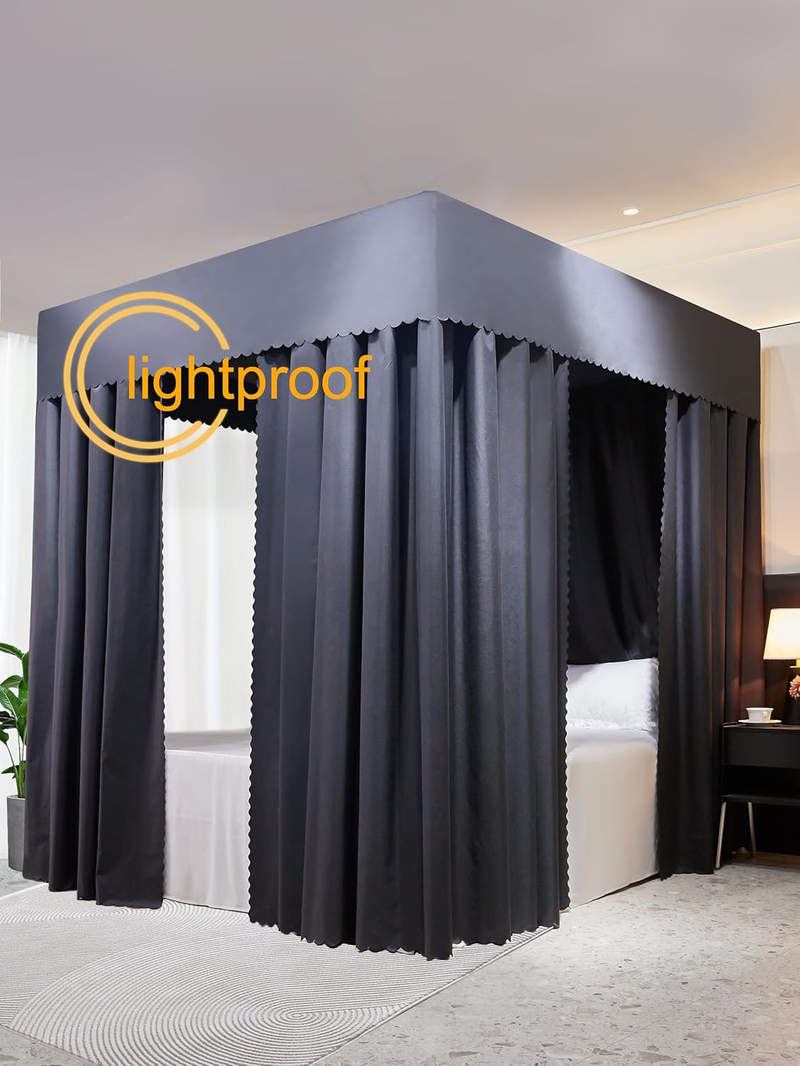 Blackout Canopy Bed Curtains 4 Corners Post Bed Canopy Curtains Lightproof Canopy Curtains Drapes Bed Canopy for Adults & Girls Bedroom Decoration (lightproof Black, Queen)