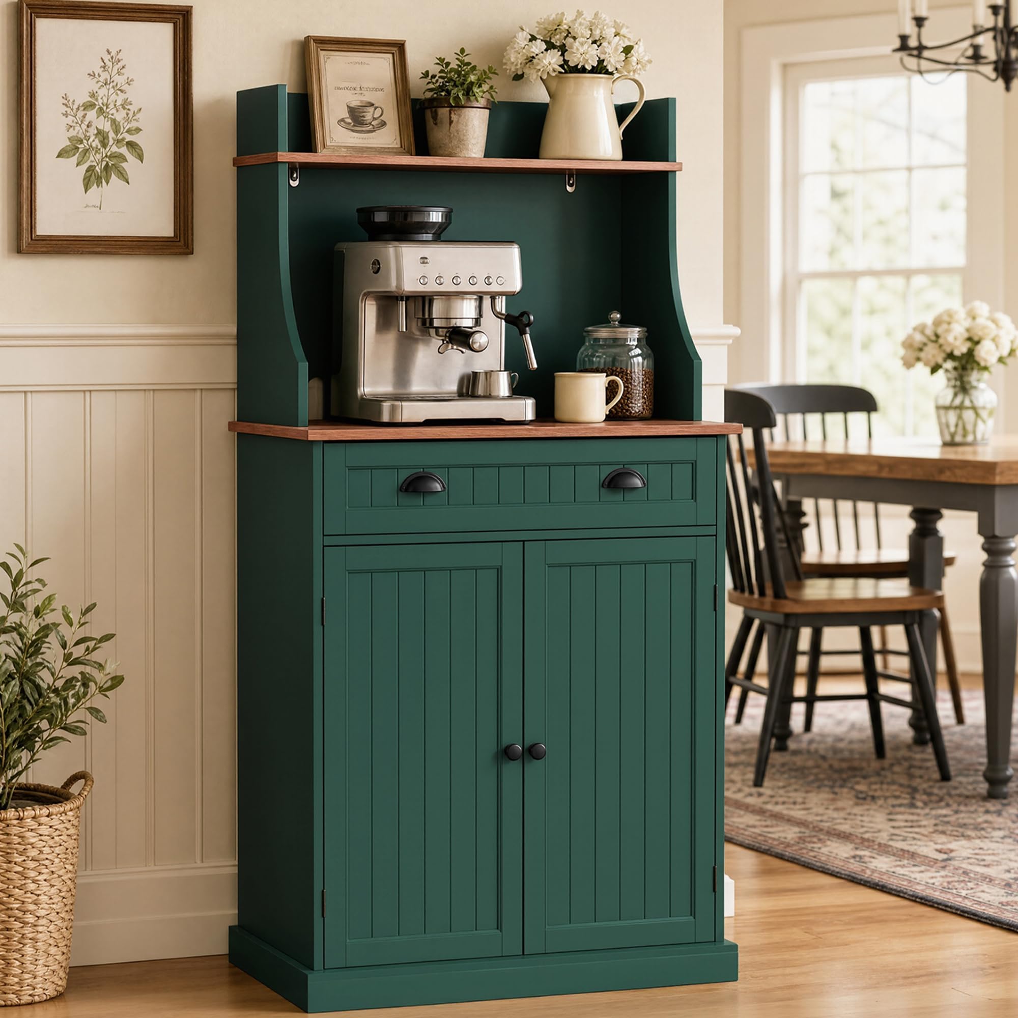 ARTPOWER 54" Kitchen Microwave Cabinet/Stand with Storage and Drawers, Green Pantry Storage Cabinet with Hutch & Adjustable Shelves for Kitchen, Dining Room, Living Room, Hallway
